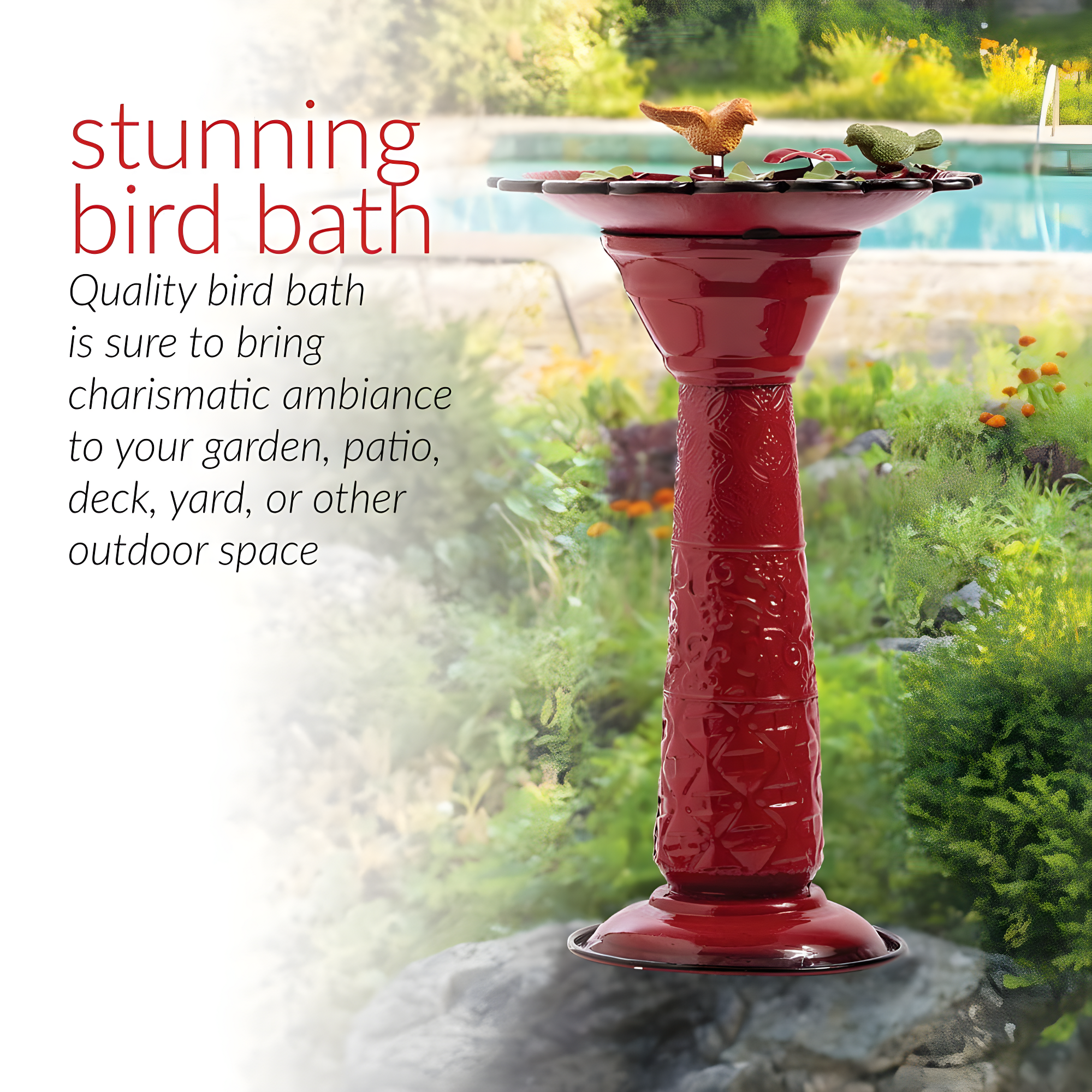28" Metal Birdbath With Birds And Leaves - Red - Alpine Corporation