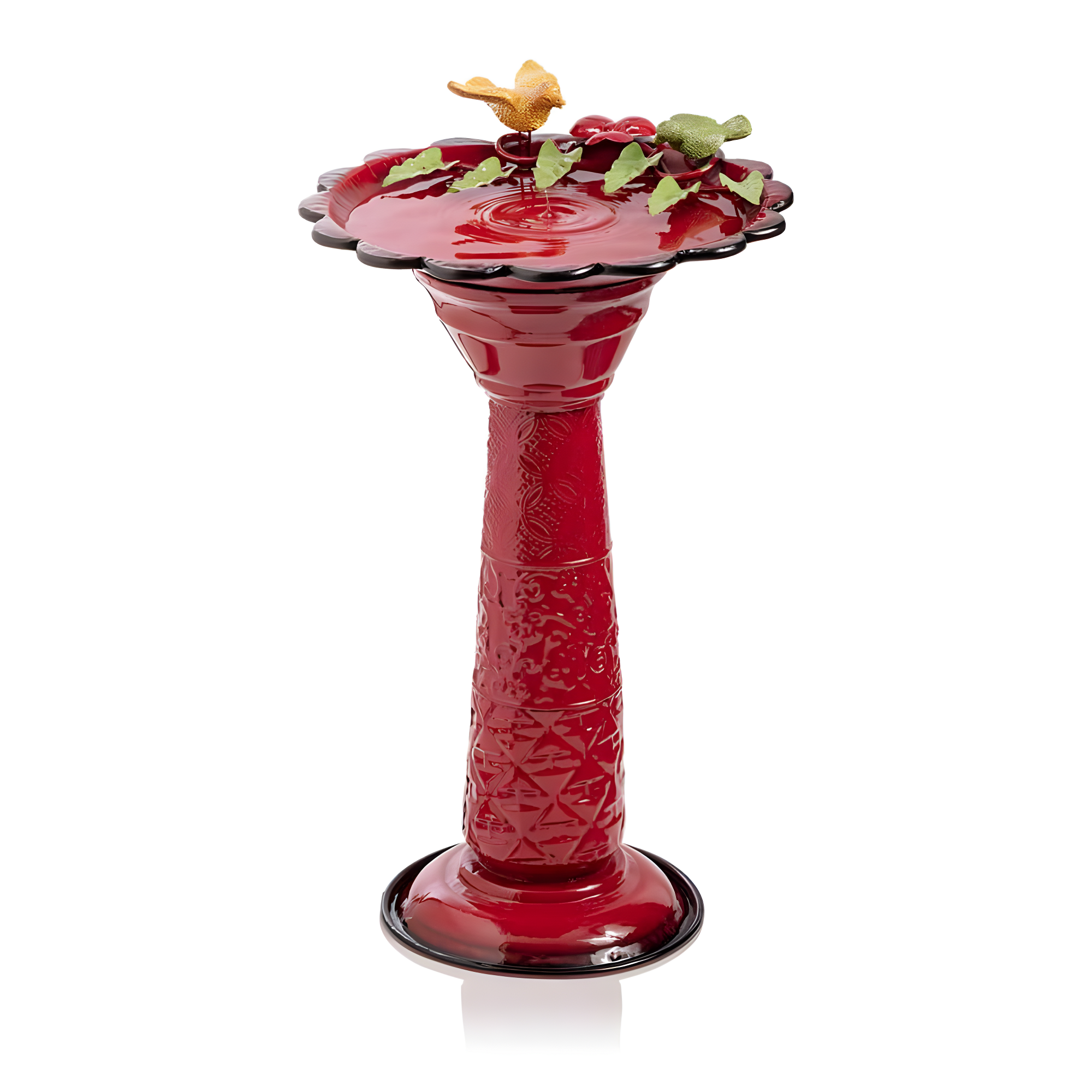 28" Metal Birdbath With Birds And Leaves - Red - Alpine Corporation