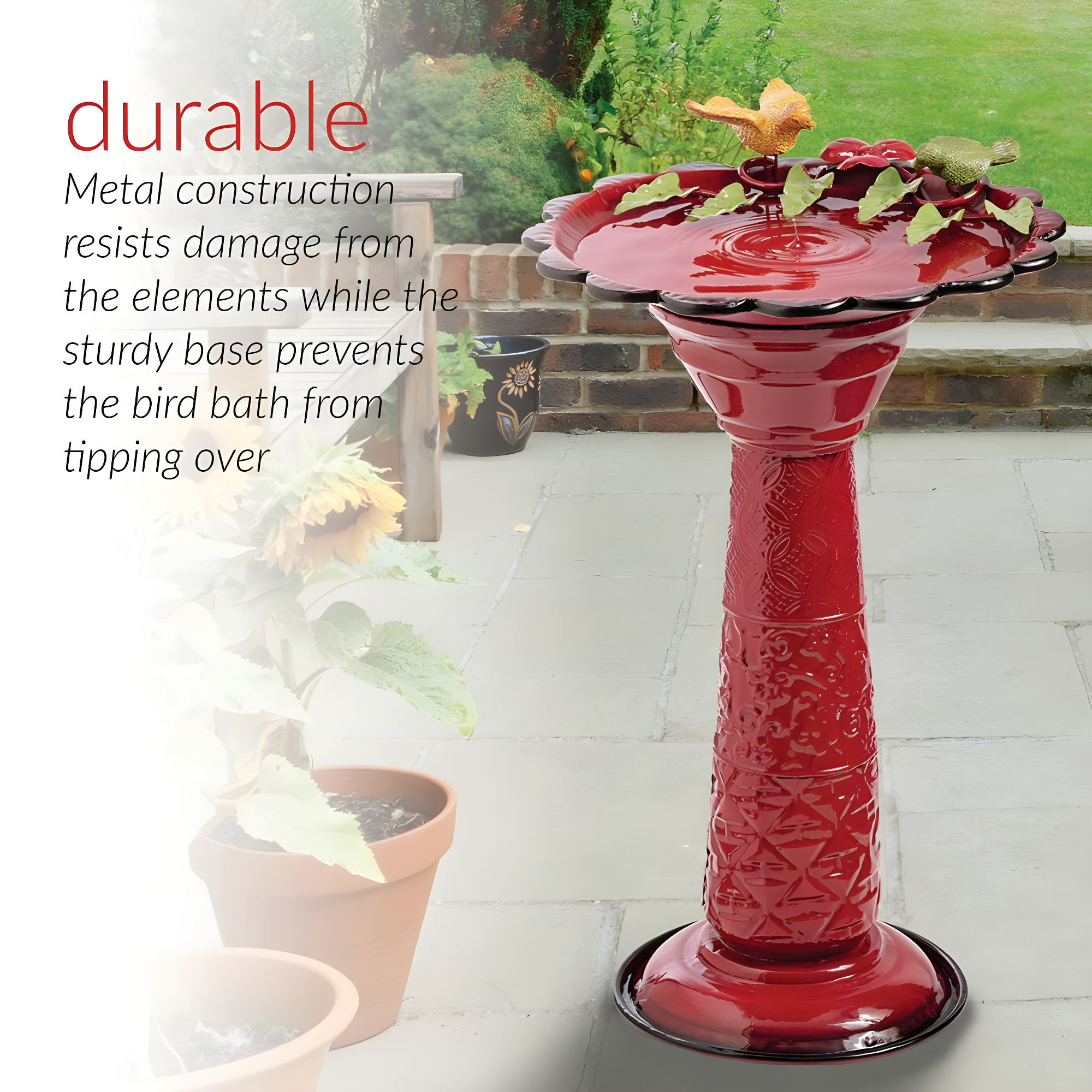 28" Metal Birdbath With Birds And Leaves - Red - Alpine Corporation