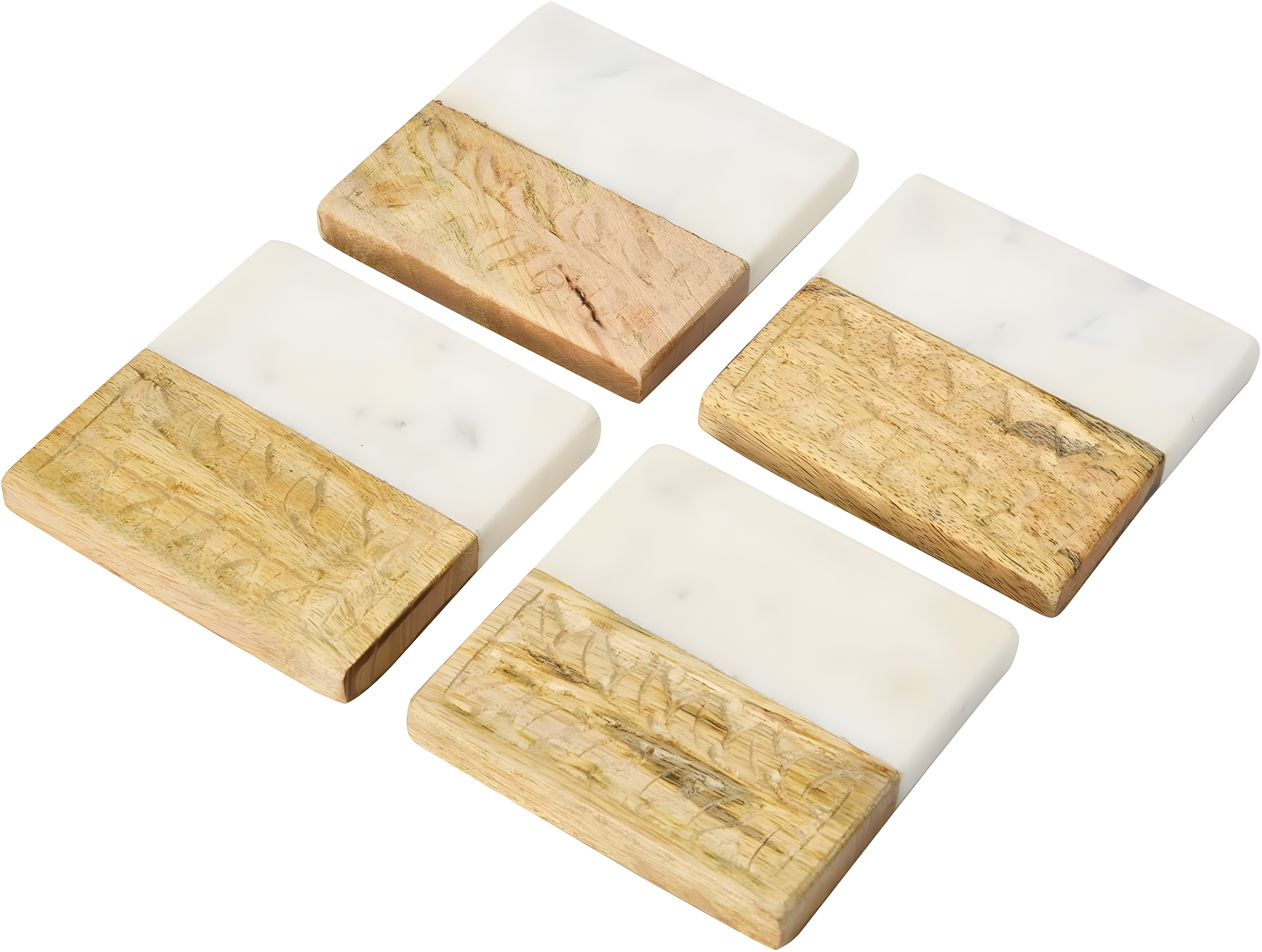 Creative Co-Op Hand-Carved Engraved Mango Wood Square Trivets for Dining Table Coaster, Set of 4, White & Natural