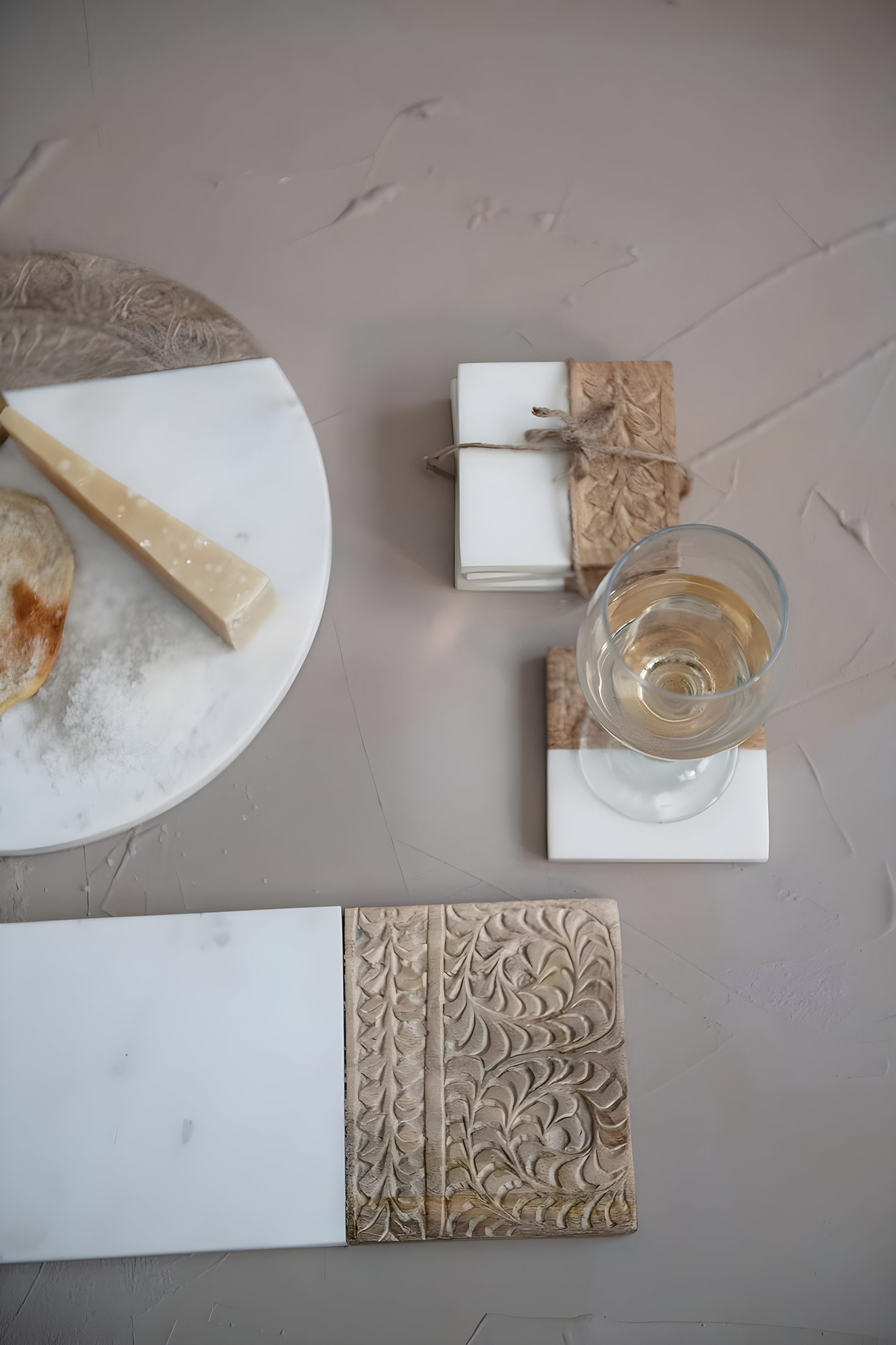 Creative Co-Op Hand-Carved Engraved Mango Wood Square Trivets for Dining Table Coaster, Set of 4, White & Natural