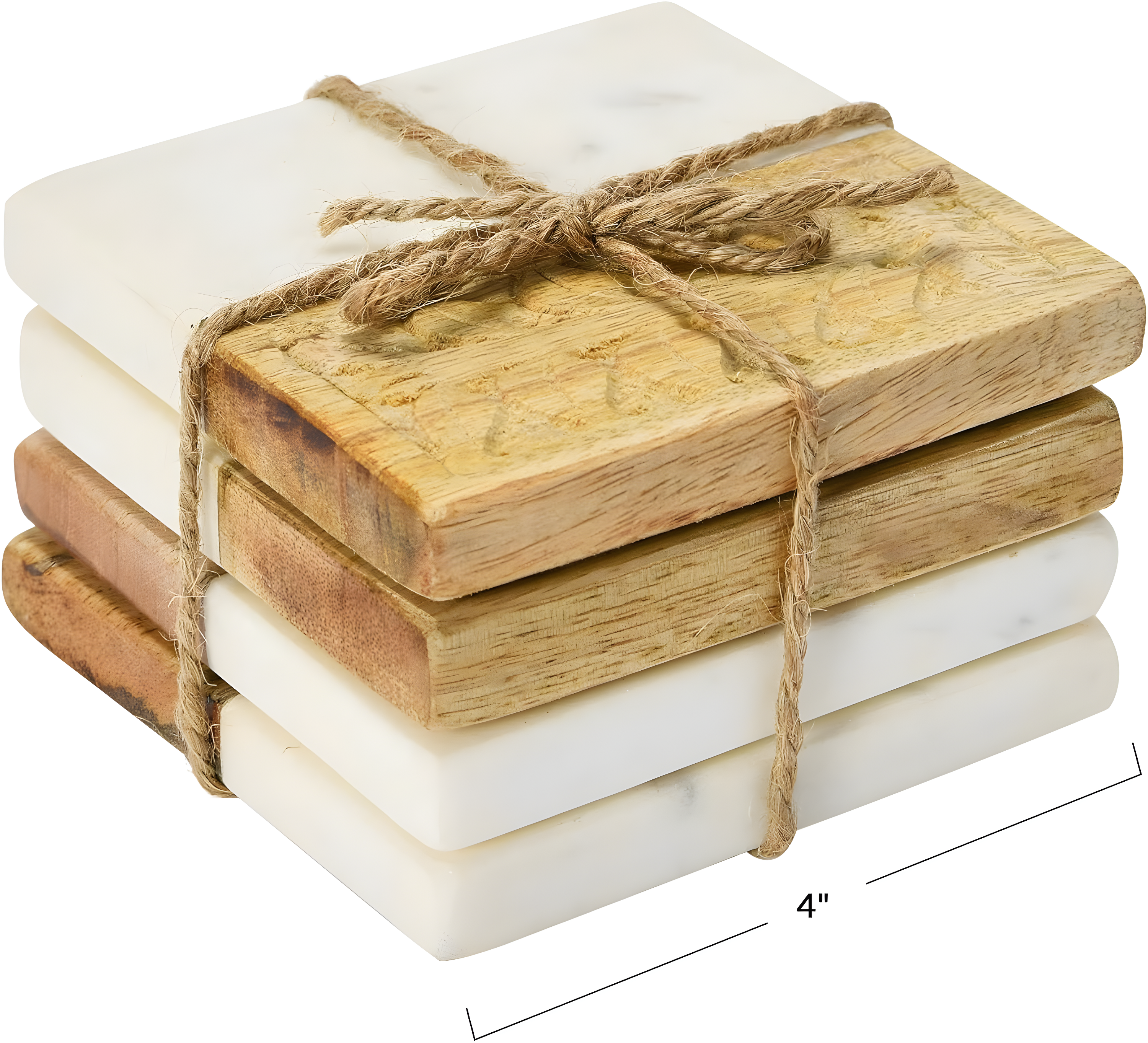 Creative Co-Op Hand-Carved Engraved Mango Wood Square Trivets for Dining Table Coaster, Set of 4, White & Natural