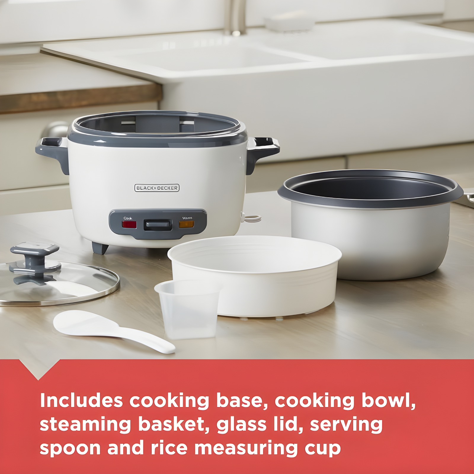 BLACK+DECKER BLACK+DECKER, Rice Cooker, Uncooked Rice, Steaming Basket, Removable Non-Stick Bowl, One Touch