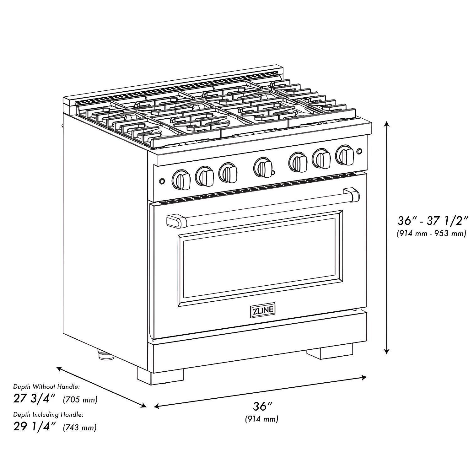 ZLINE 36 in. 5.2 cu. ft. Paramount Gas Range W/ 6 Burner Cooktop & Convection Gas Oven in Stainless Steel W/ Black Matte Door (SGR-BLM-36)