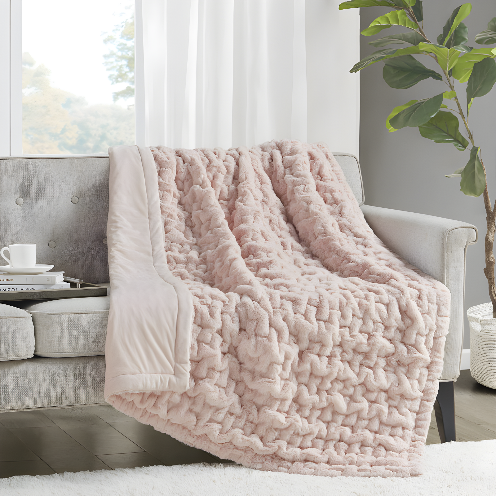 Madison Park Blush Ruched Fur Throw 50x60"