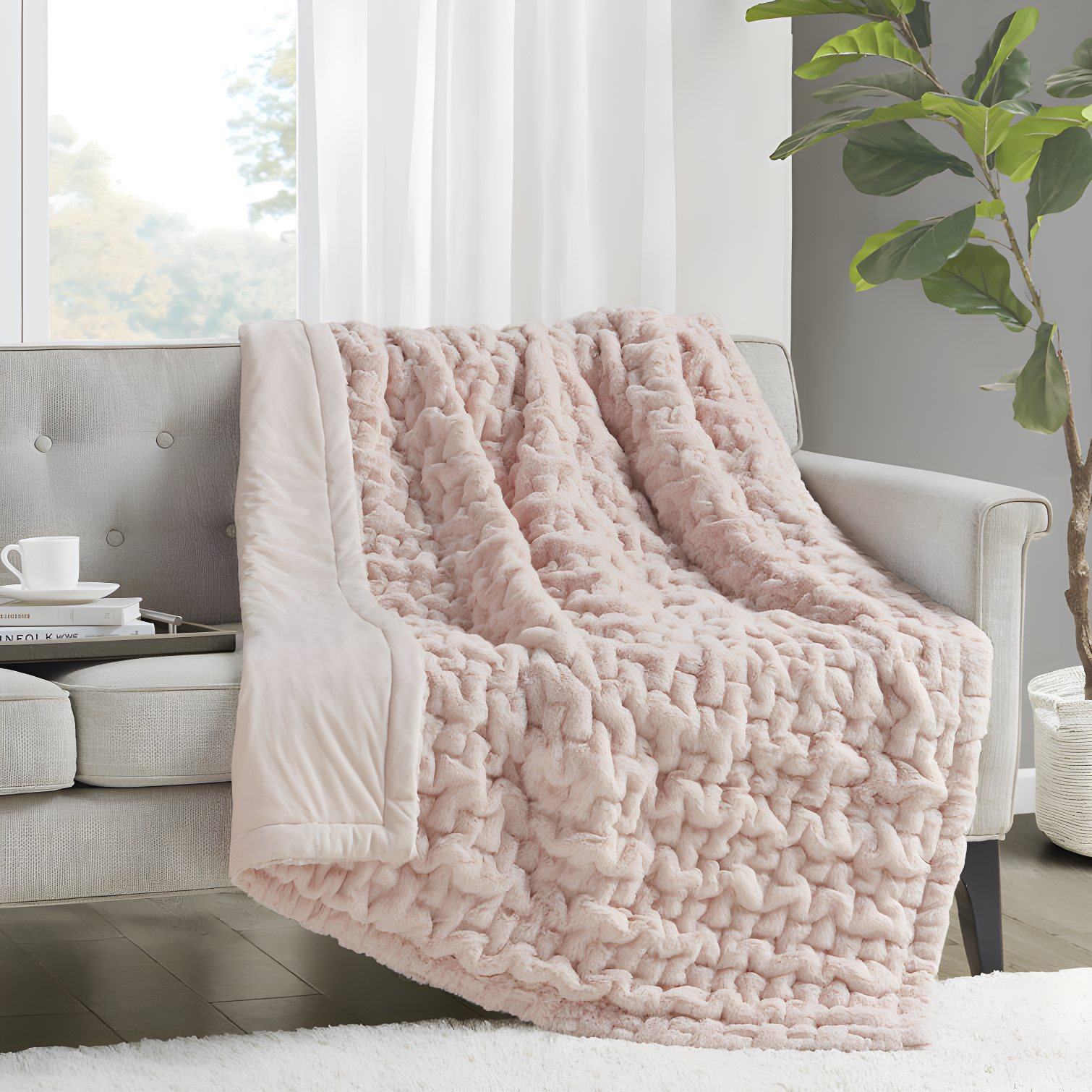 Madison Park Blush Ruched Fur Throw 50x60"