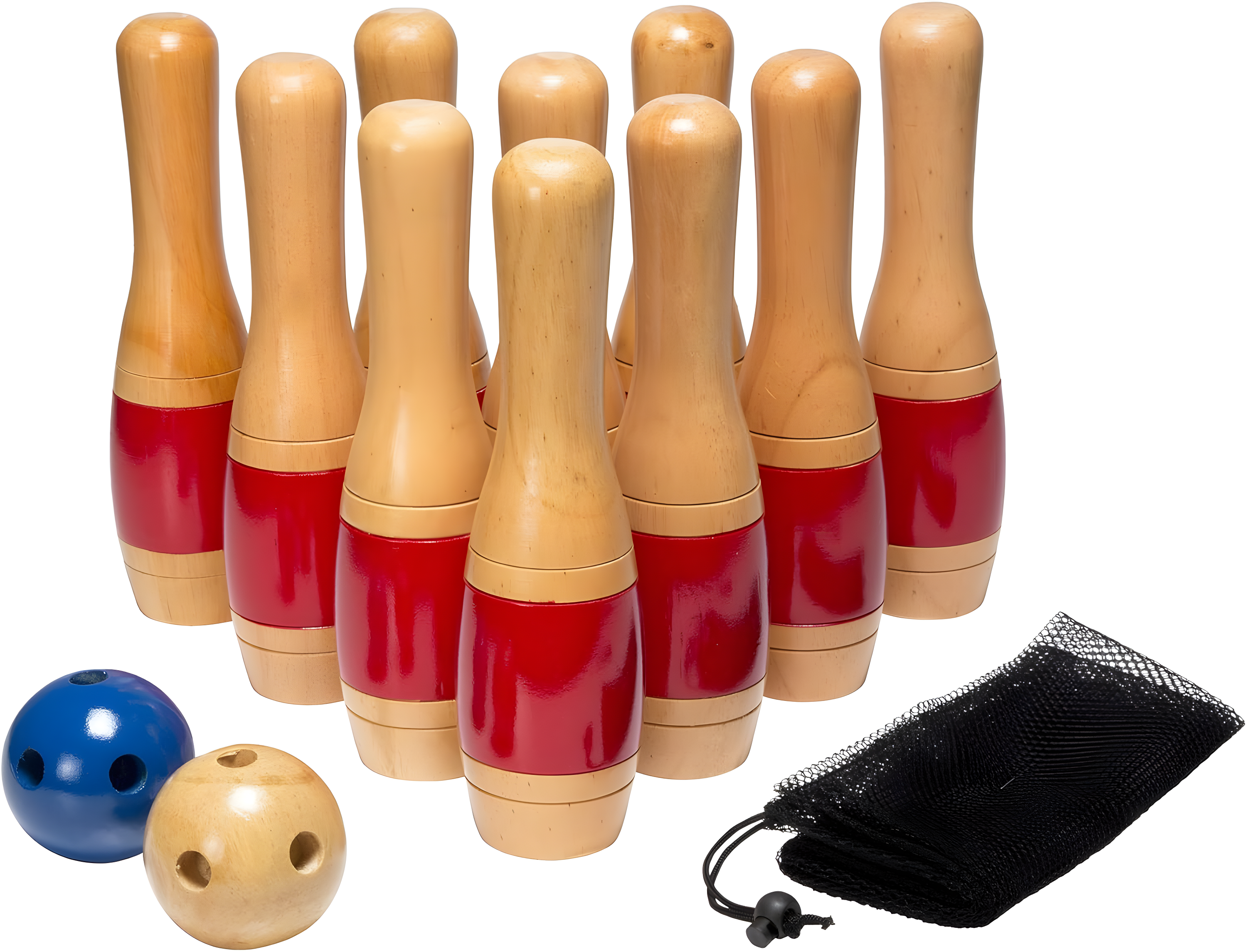 Bowling Set- Indoor and Outdoor Use Includes 10 Wood Pins, 2 Bowling Balls, and Carrying Bag, Red