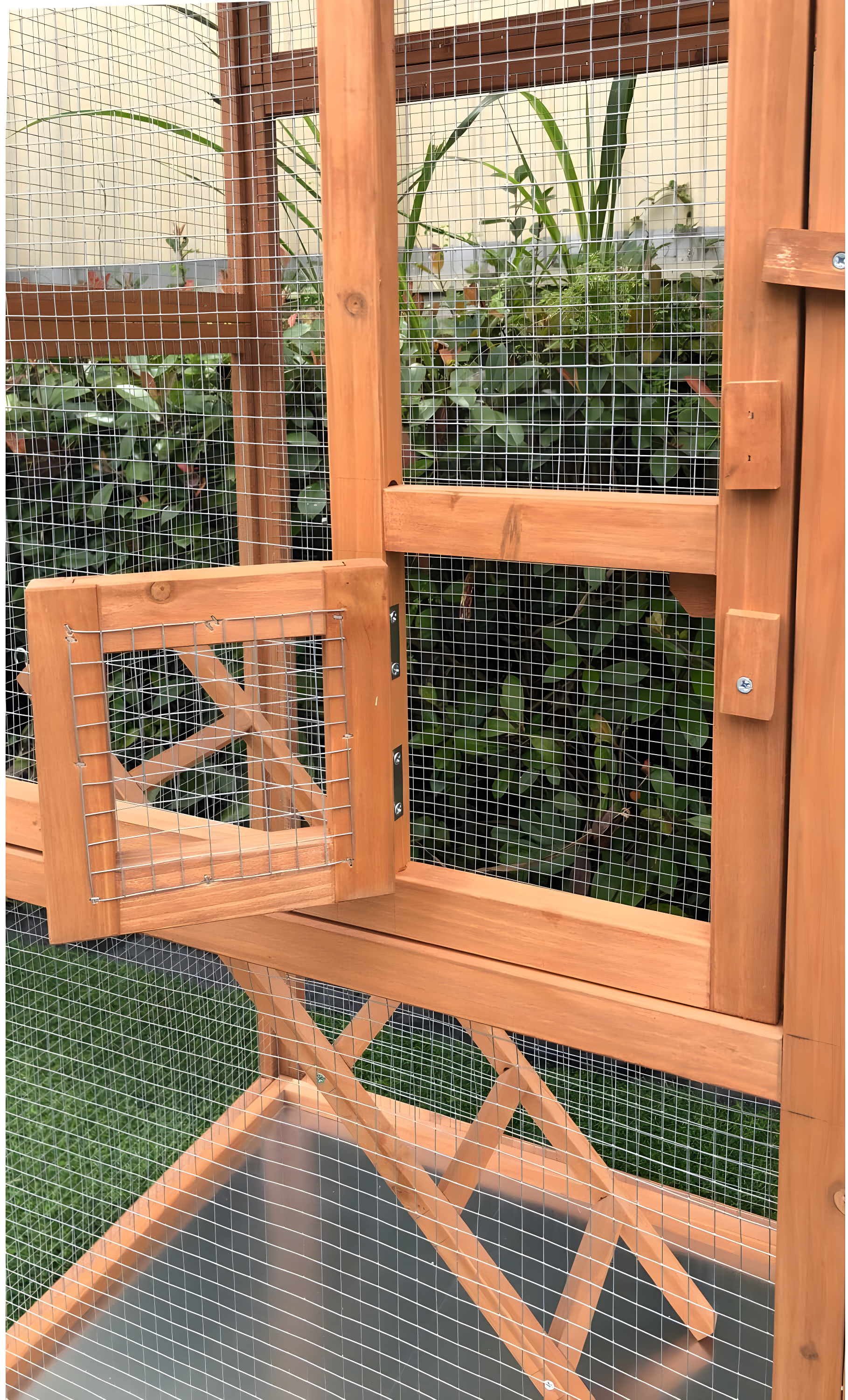 Hanover Outdoor Wooden Bird Cage with 3 Resting Bars, Ladder, Waterproof Roof and Removable Tray, 2.9 Ft. x 2.1 Ft. x 5.8 Ft.