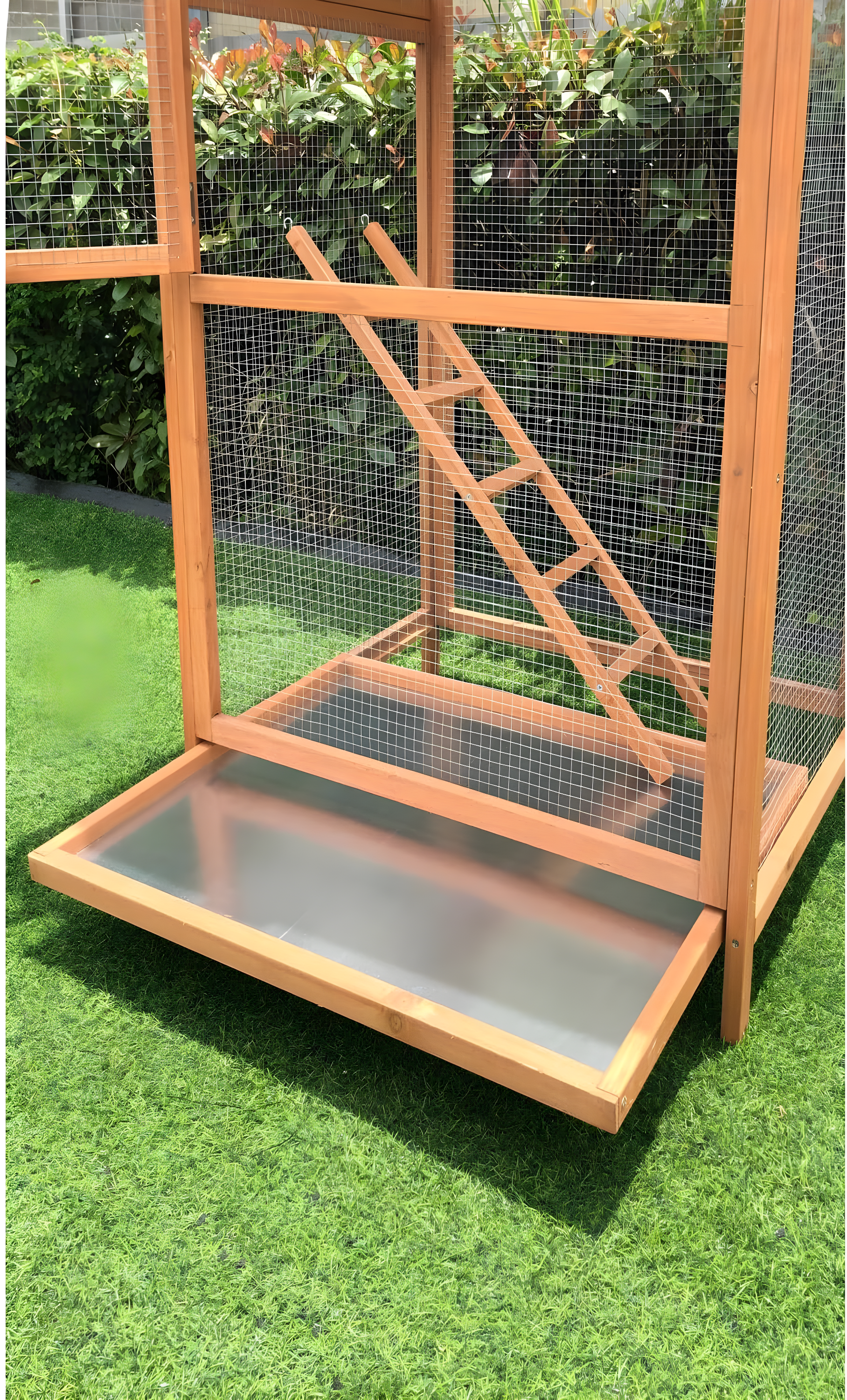 Hanover Outdoor Wooden Bird Cage with 3 Resting Bars, Ladder, Waterproof Roof and Removable Tray, 2.9 Ft. x 2.1 Ft. x 5.8 Ft.