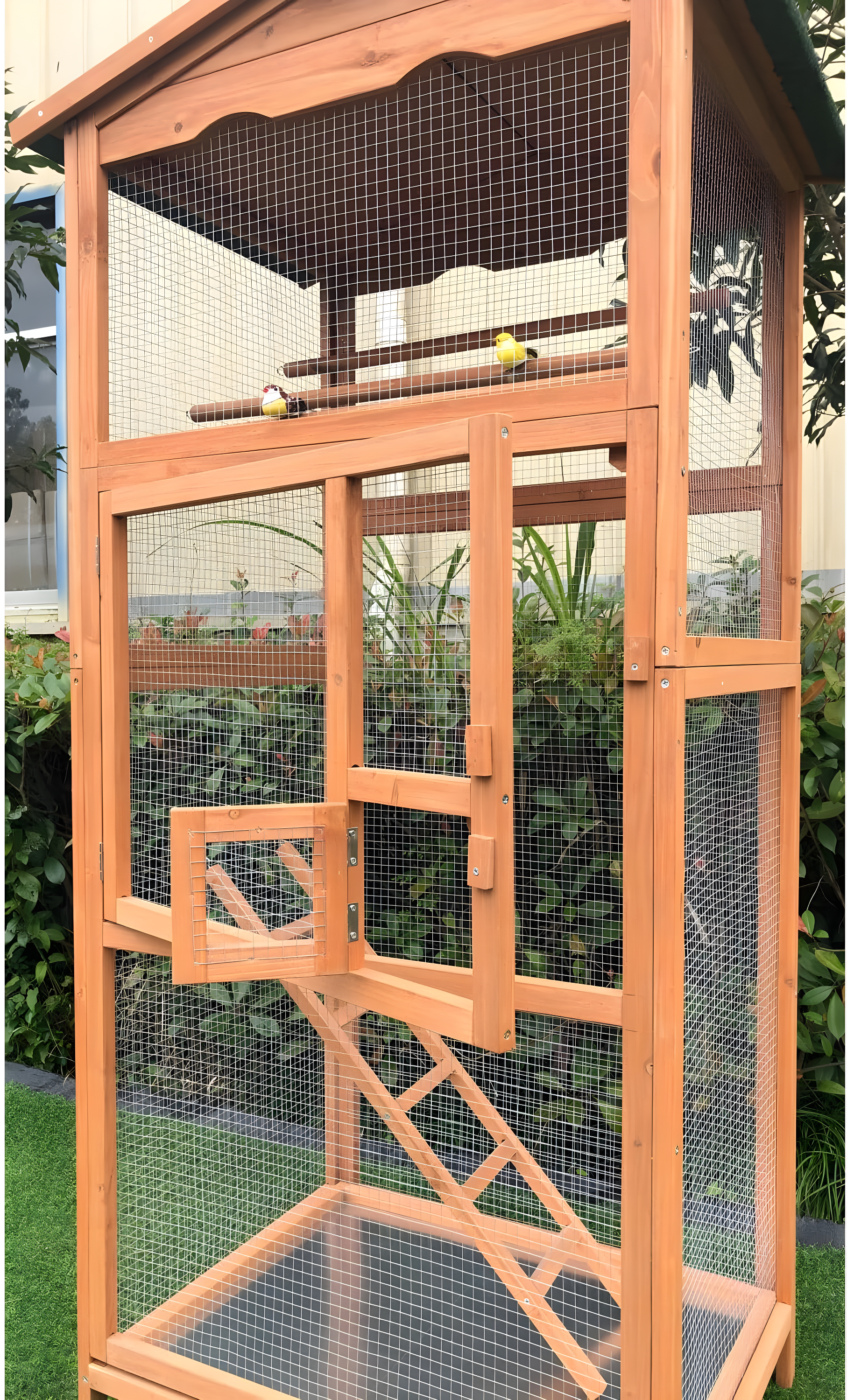 Hanover Outdoor Wooden Bird Cage with 3 Resting Bars, Ladder, Waterproof Roof and Removable Tray, 2.9 Ft. x 2.1 Ft. x 5.8 Ft.