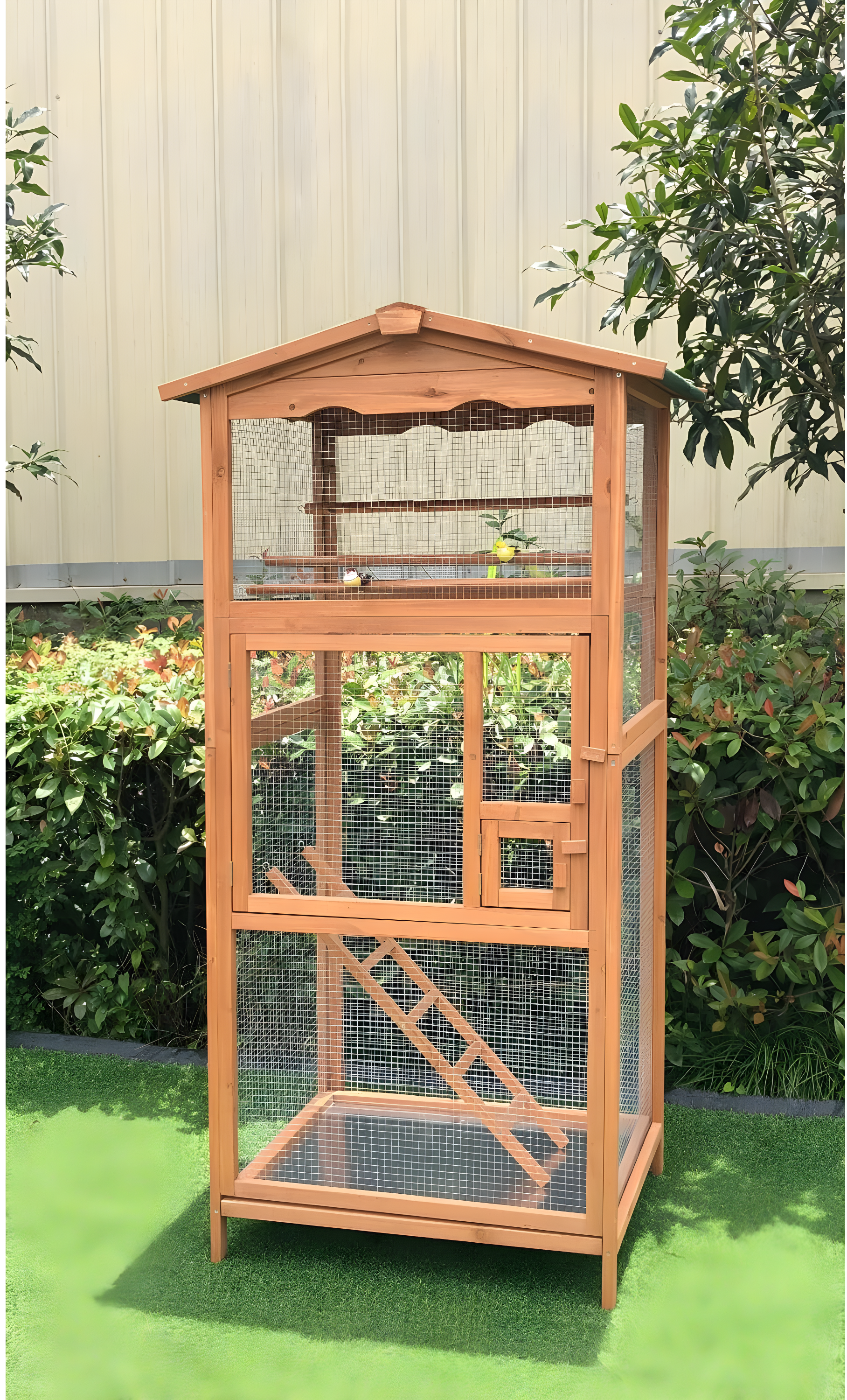 Hanover Outdoor Wooden Bird Cage with 3 Resting Bars, Ladder, Waterproof Roof and Removable Tray, 2.9 Ft. x 2.1 Ft. x 5.8 Ft.