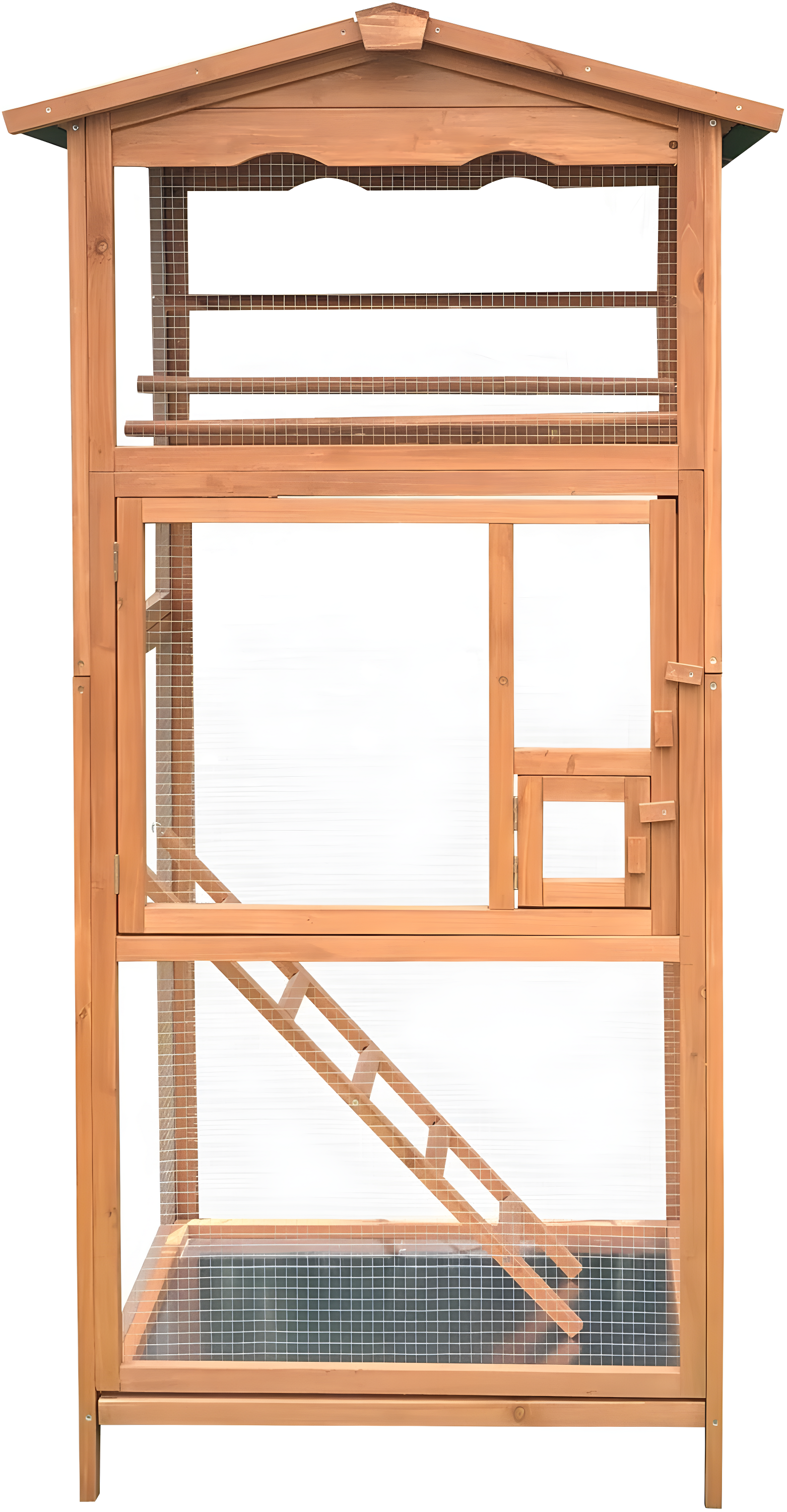 Hanover Outdoor Wooden Bird Cage with 3 Resting Bars, Ladder, Waterproof Roof and Removable Tray, 2.9 Ft. x 2.1 Ft. x 5.8 Ft.