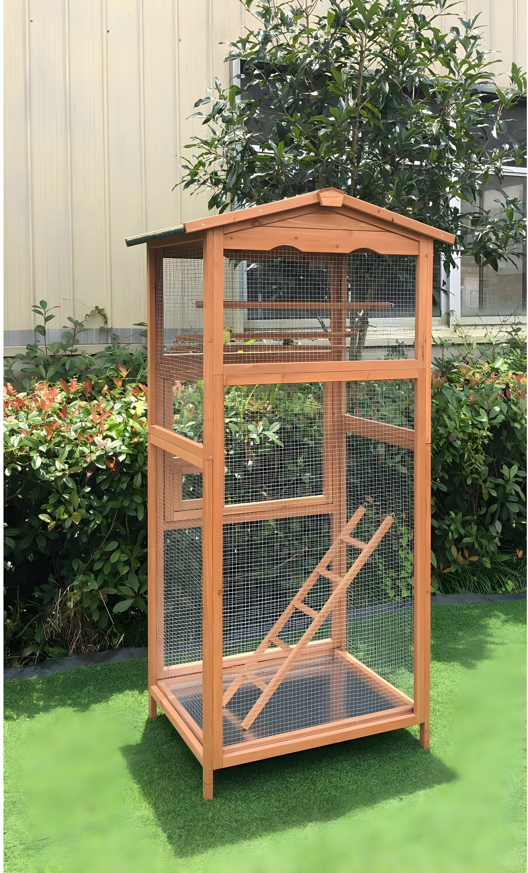 Hanover Outdoor Wooden Bird Cage with 3 Resting Bars, Ladder, Waterproof Roof and Removable Tray, 2.9 Ft. x 2.1 Ft. x 5.8 Ft.