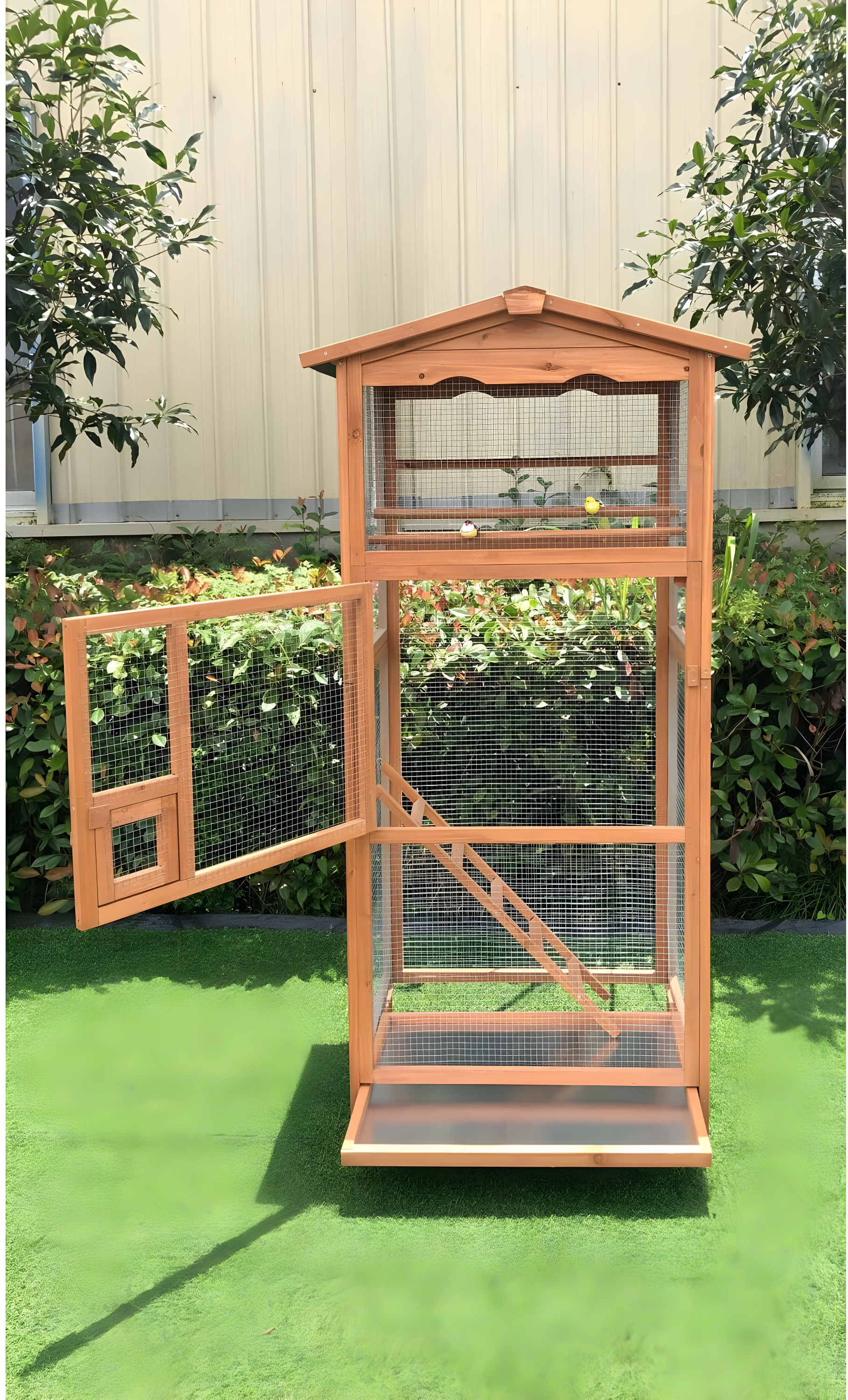Hanover Outdoor Wooden Bird Cage with 3 Resting Bars, Ladder, Waterproof Roof and Removable Tray, 2.9 Ft. x 2.1 Ft. x 5.8 Ft.