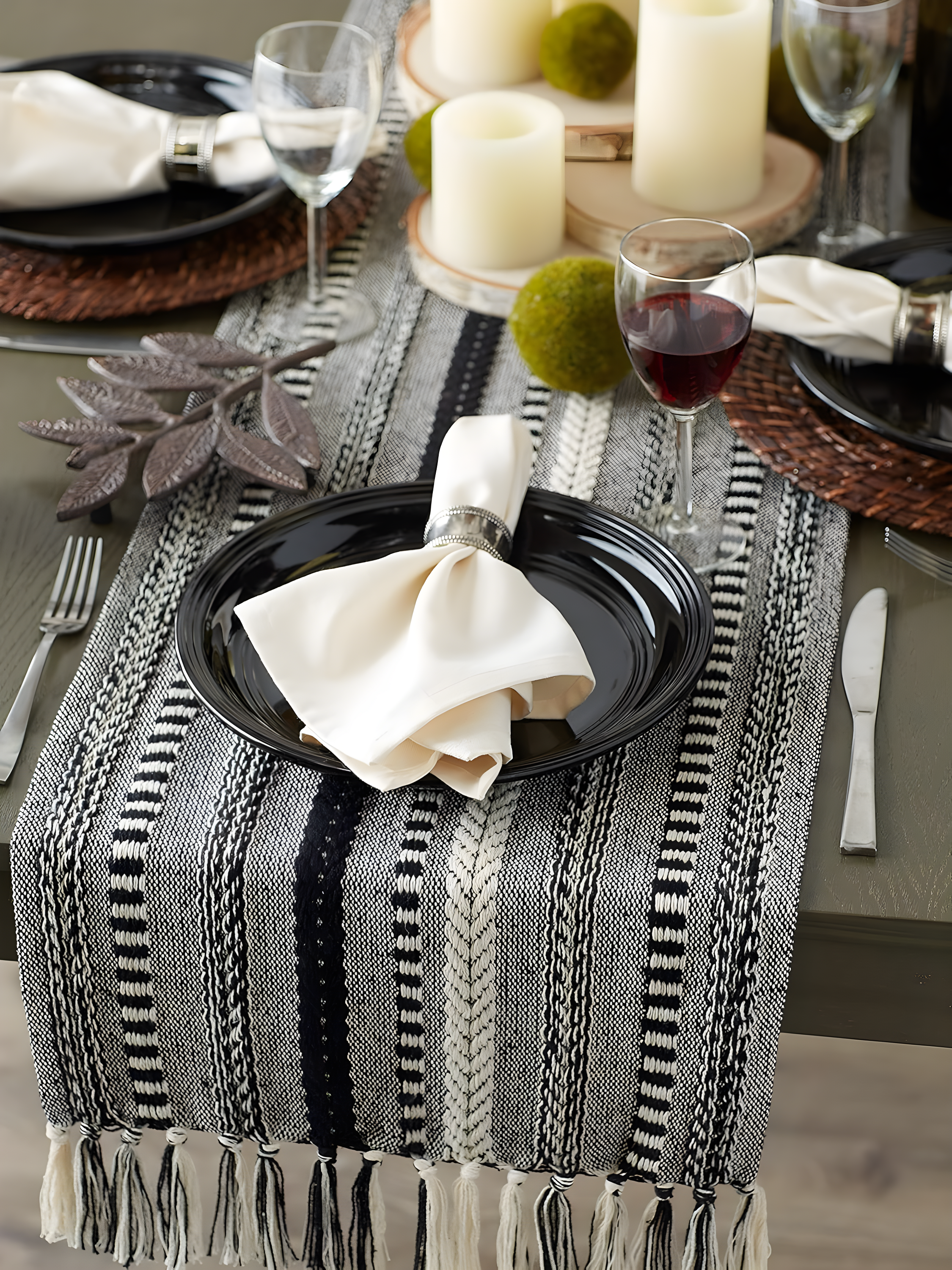 DII 15x72" Modern Cotton Braided Stripe Table Runner in Black/White