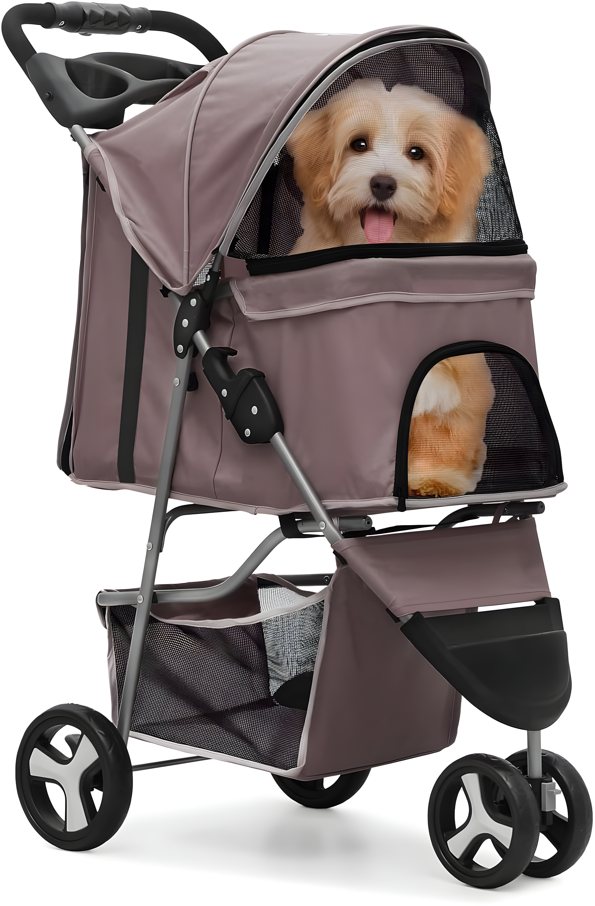 3 Wheel Folding Pet Stroller, Foldable Dog Jogger Stroller with Storage Basket, Cup Holder & Canopy