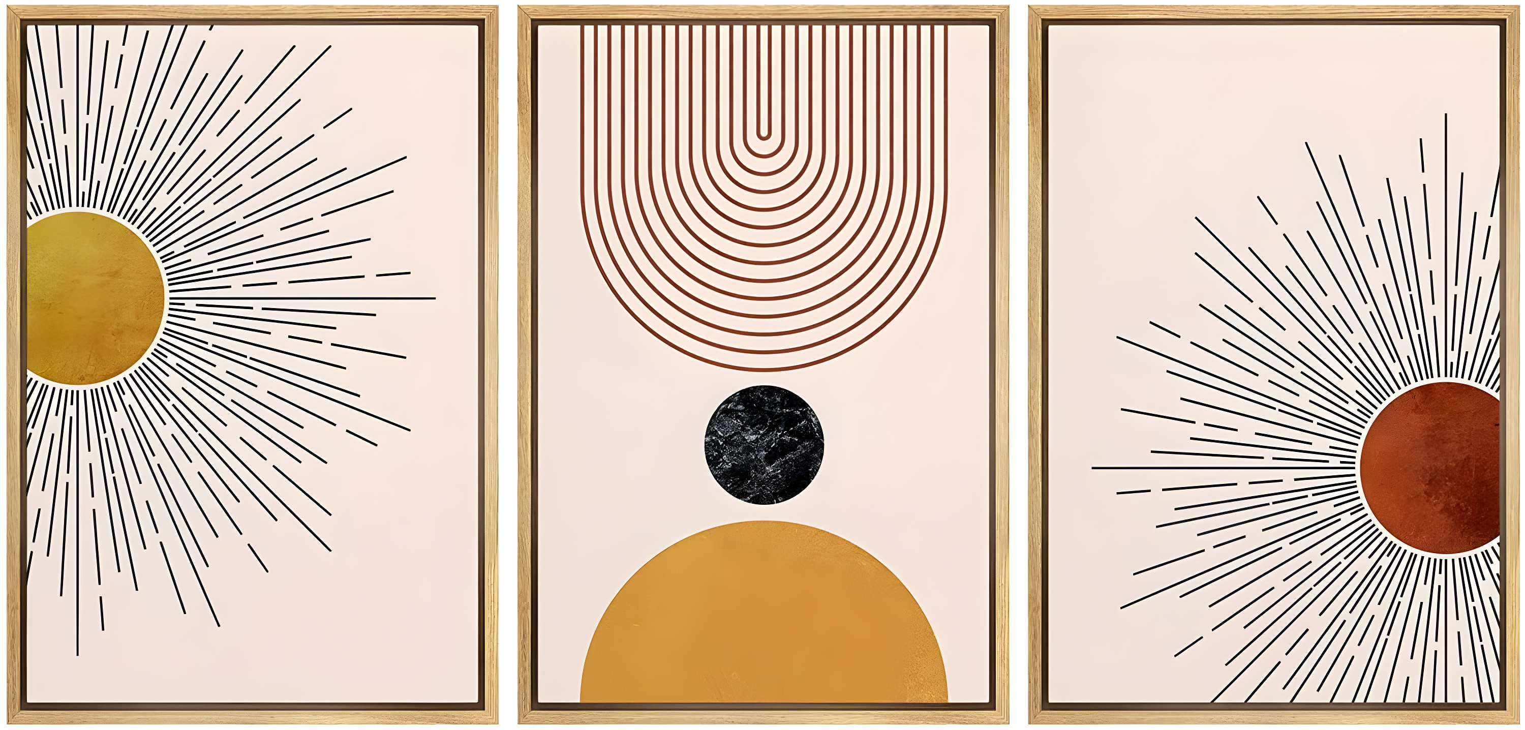 Mid Century Modern Boho Bright Nordic Abstract  Living Room Framed Canvas 3 Pieces Print Wall Art