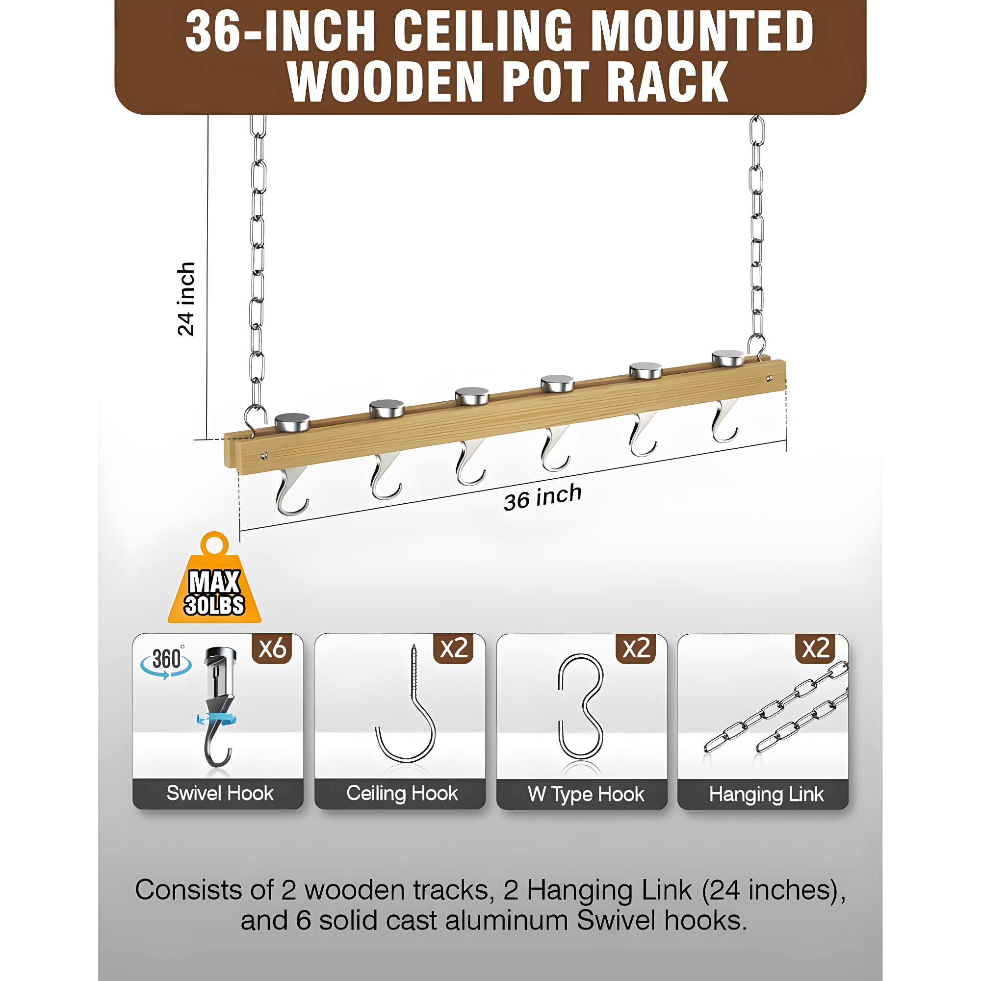 Standard, Single Bar, 36-Inch Ceiling Mounted Wooden Pot Rack, Brown