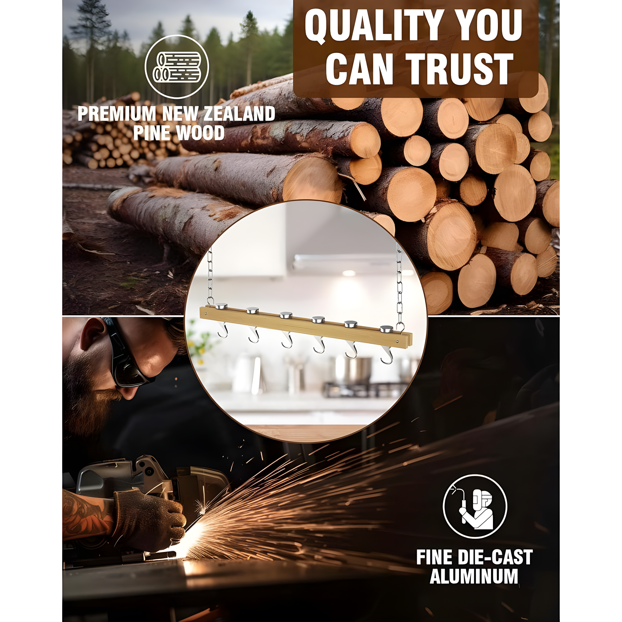 Standard, Single Bar, 36-Inch Ceiling Mounted Wooden Pot Rack, Brown