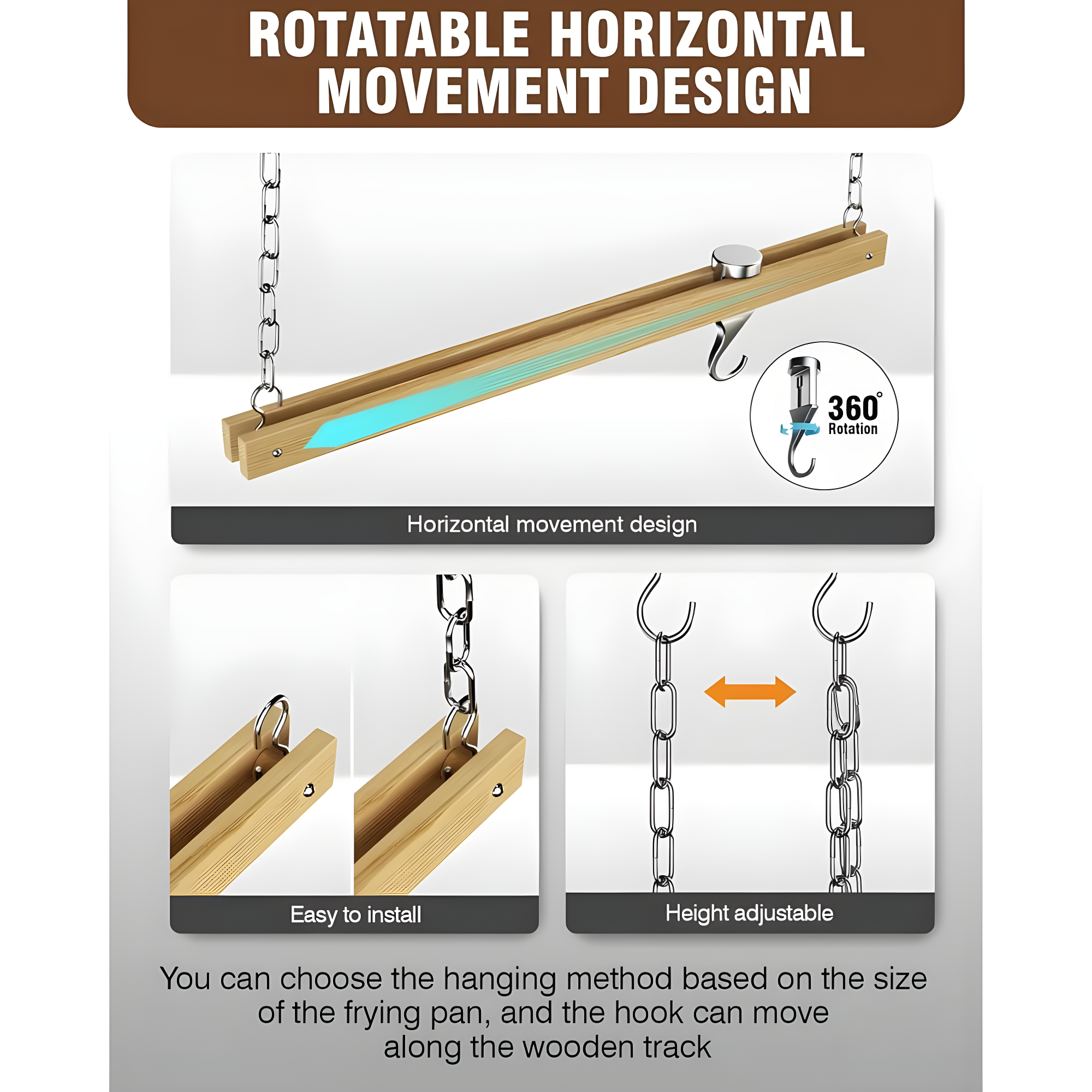 Standard, Single Bar, 36-Inch Ceiling Mounted Wooden Pot Rack, Brown