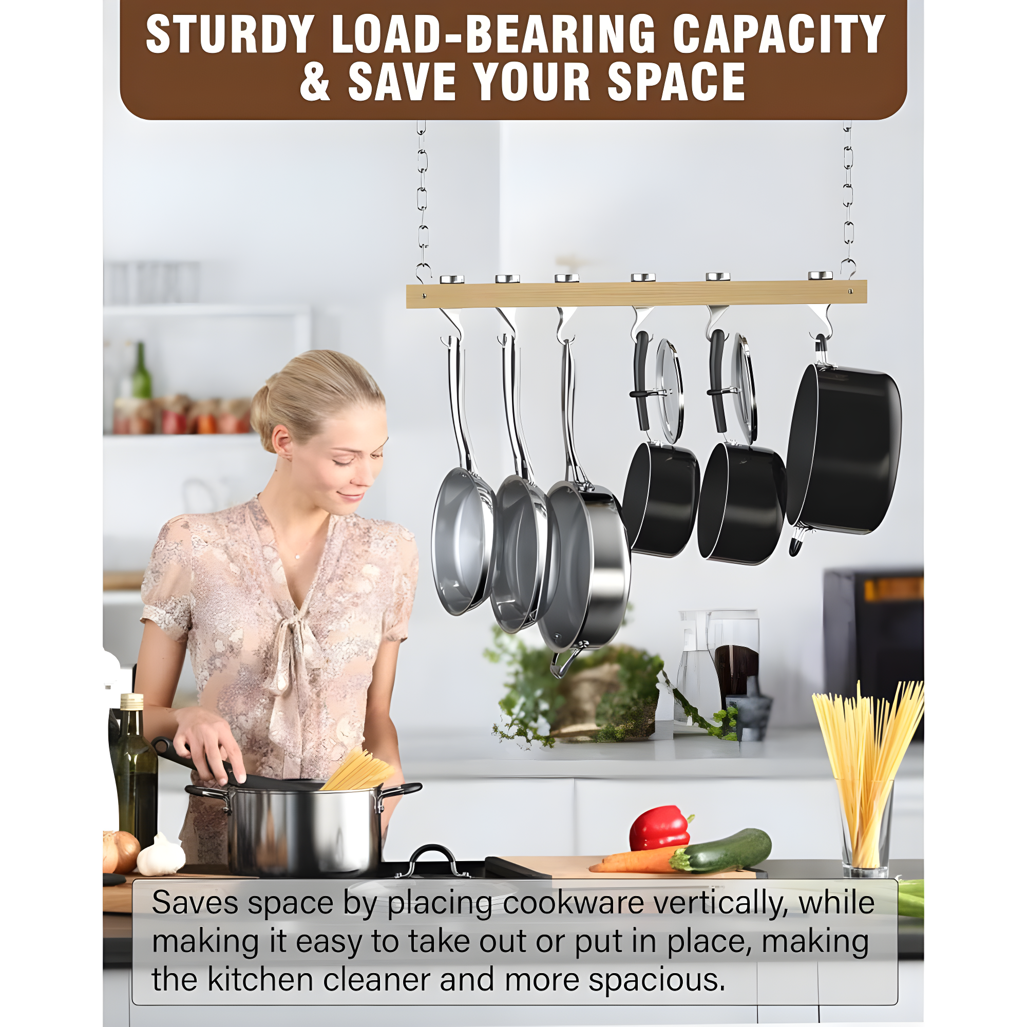 Standard, Single Bar, 36-Inch Ceiling Mounted Wooden Pot Rack, Brown