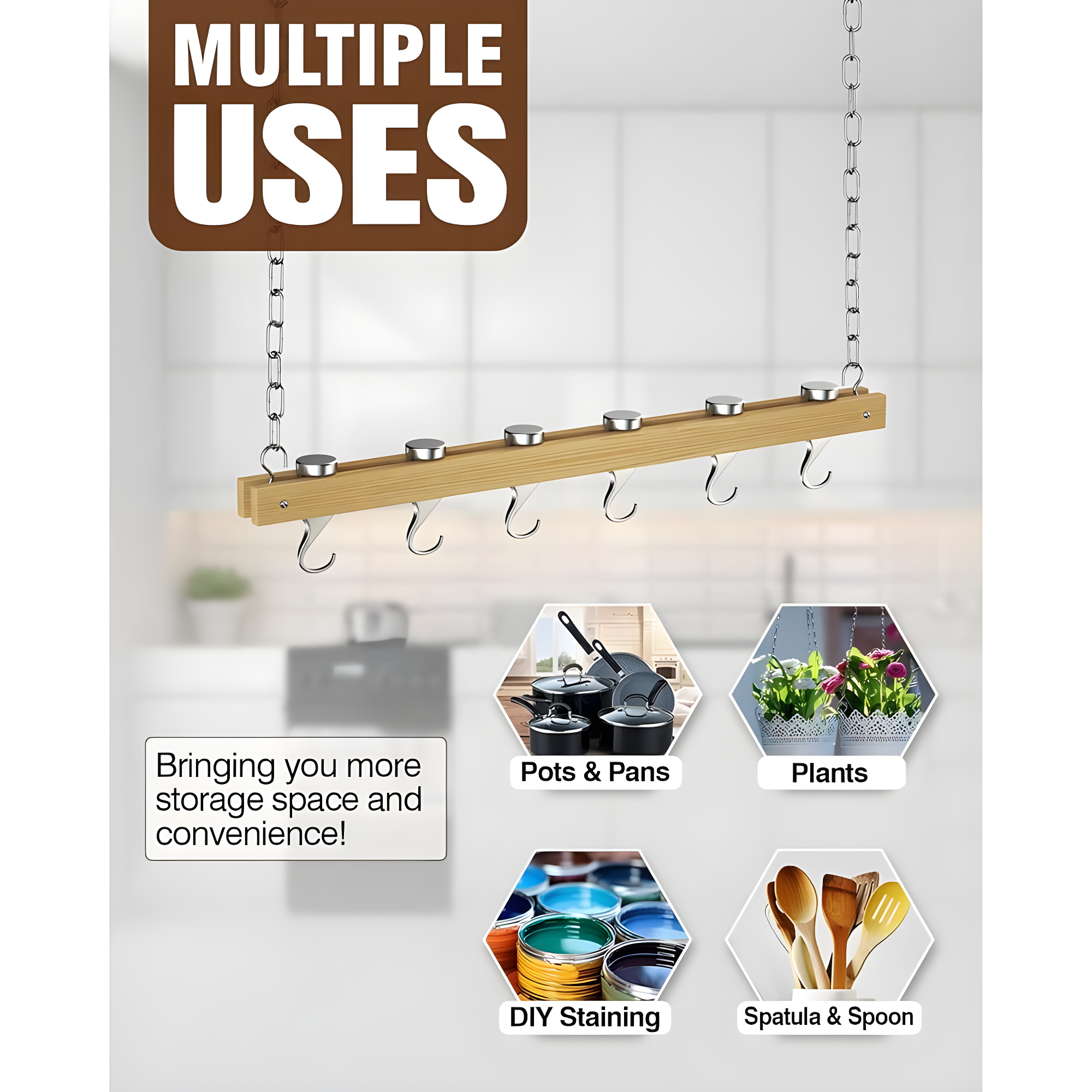 Standard, Single Bar, 36-Inch Ceiling Mounted Wooden Pot Rack, Brown