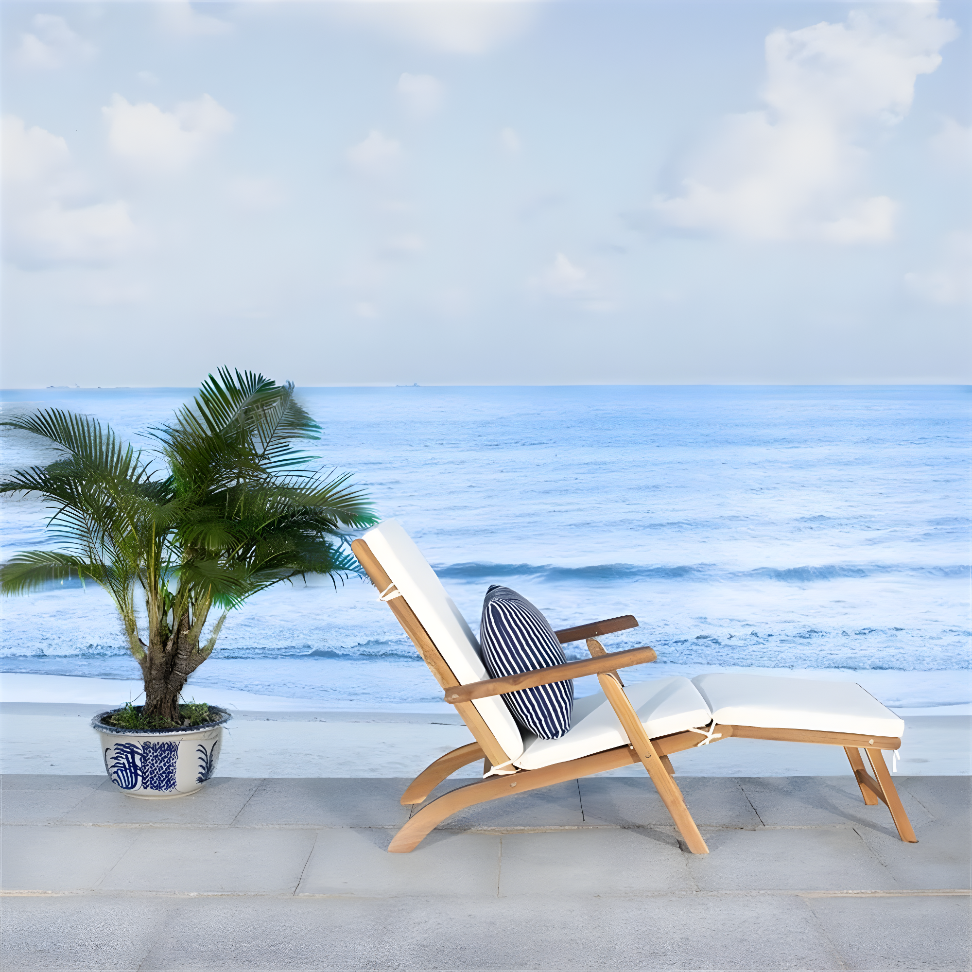 Palmdale Lounge Chair - Outdoor - PAT7015 - Natural/Beige + Blue Stripped Pillow -Safavieh