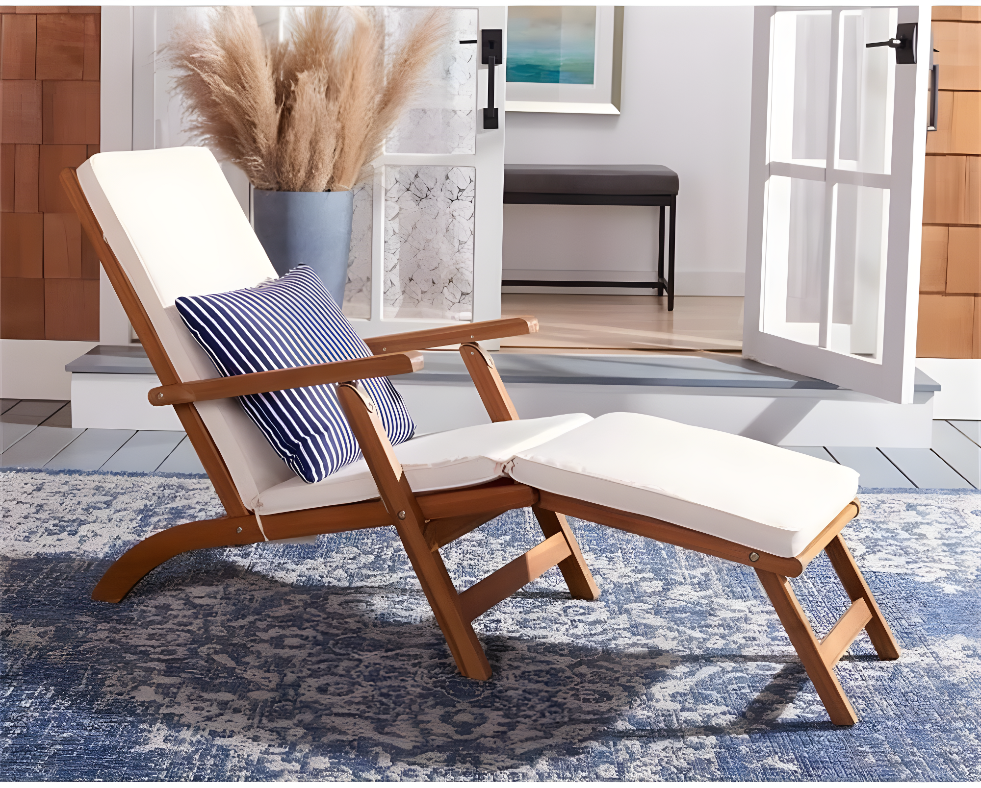 Palmdale Lounge Chair - Outdoor - PAT7015 - Natural/Beige + Blue Stripped Pillow -Safavieh