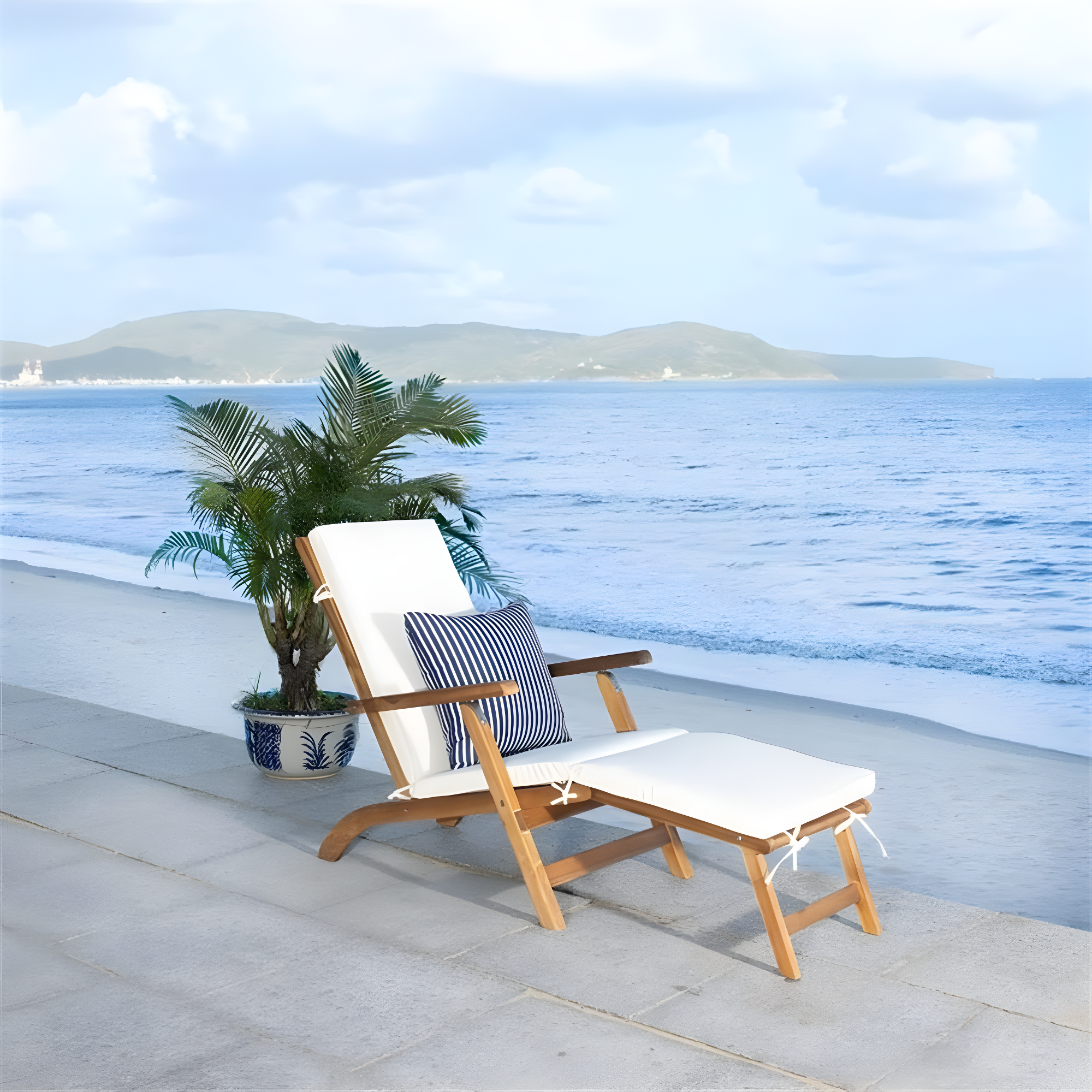 Palmdale Lounge Chair - Outdoor - PAT7015 - Natural/Beige + Blue Stripped Pillow -Safavieh