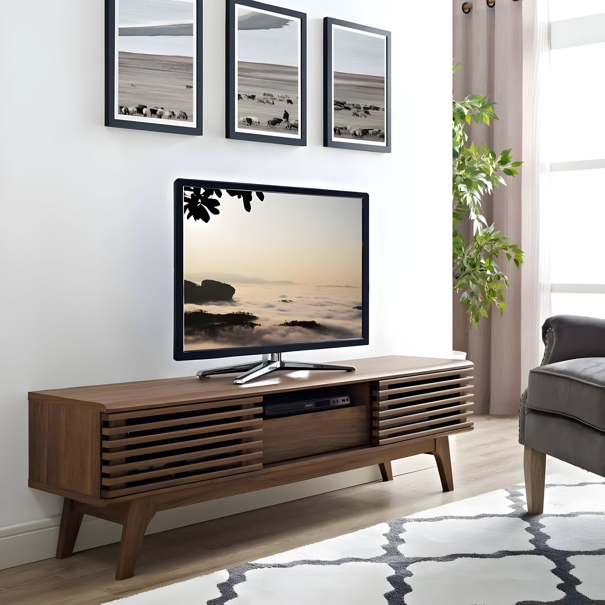 Render TV Stand for TVs up to 59" Walnut - Modway: Mid-Century Media Storage, Sliding Doors