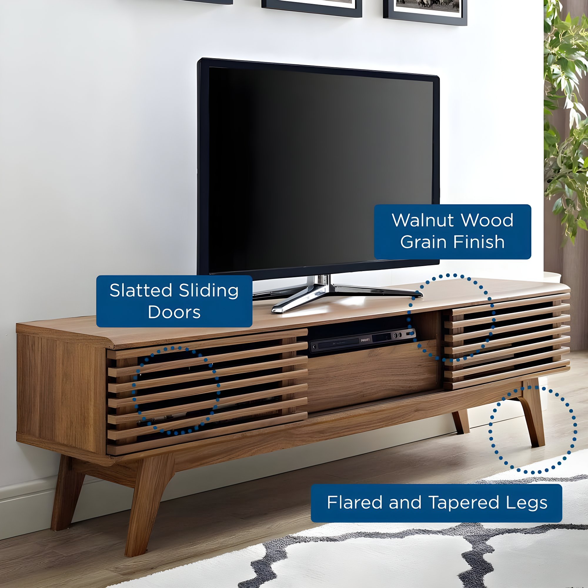 Render TV Stand for TVs up to 59" Walnut - Modway: Mid-Century Media Storage, Sliding Doors