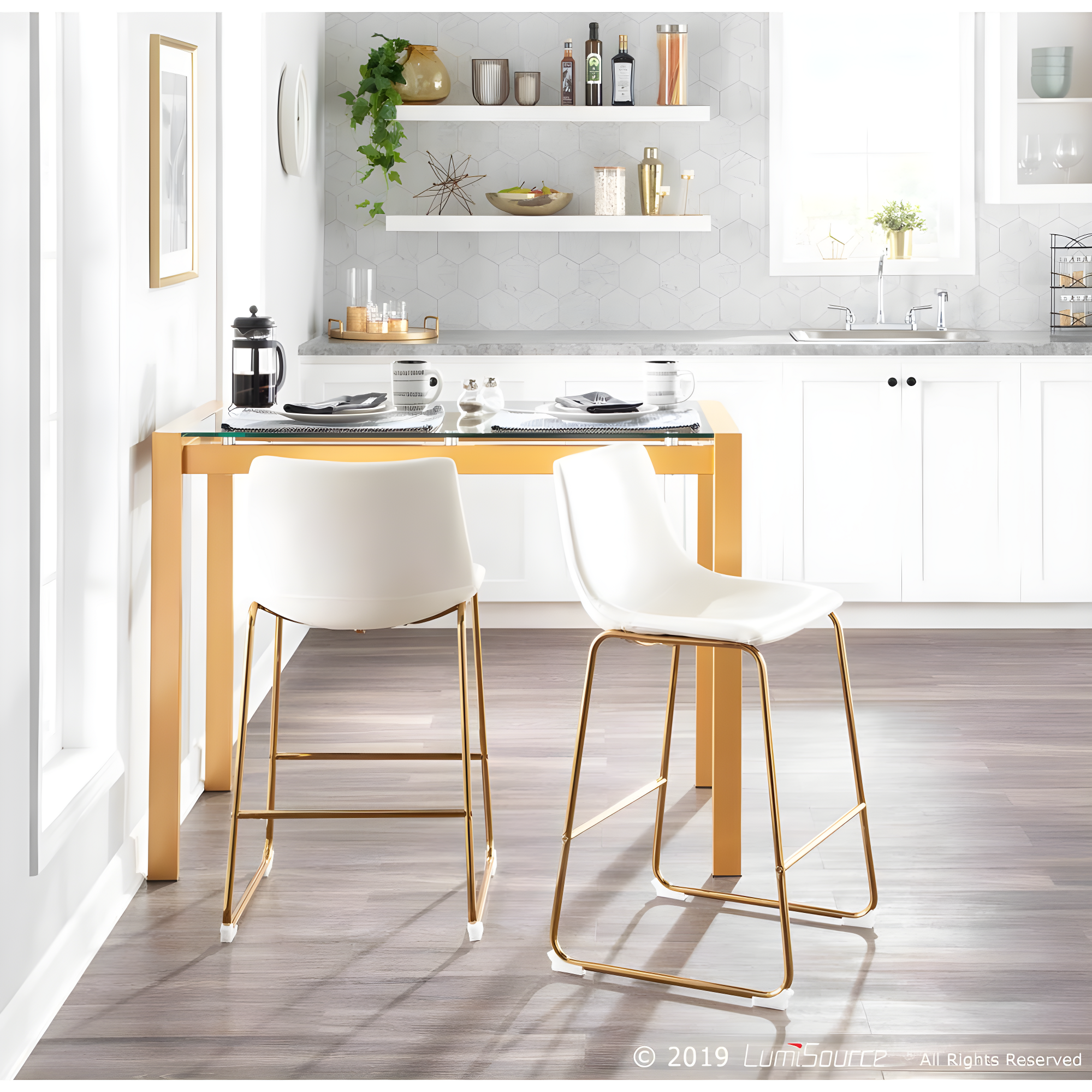 LumiSource Gold Metal, White PU Duke Counter Stool - Set of 2
