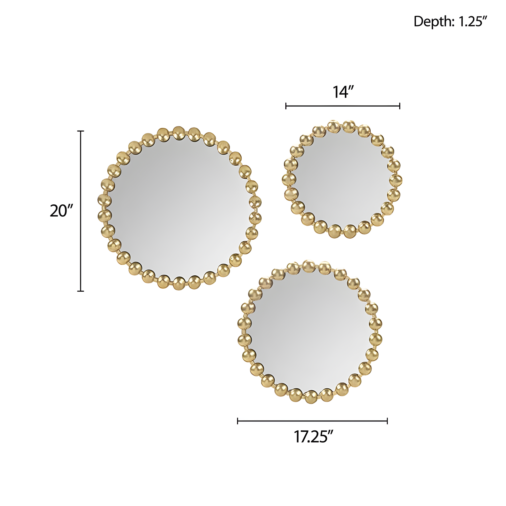 Marlowe 3-Piece Gold Beaded Round Wall Mirror Set