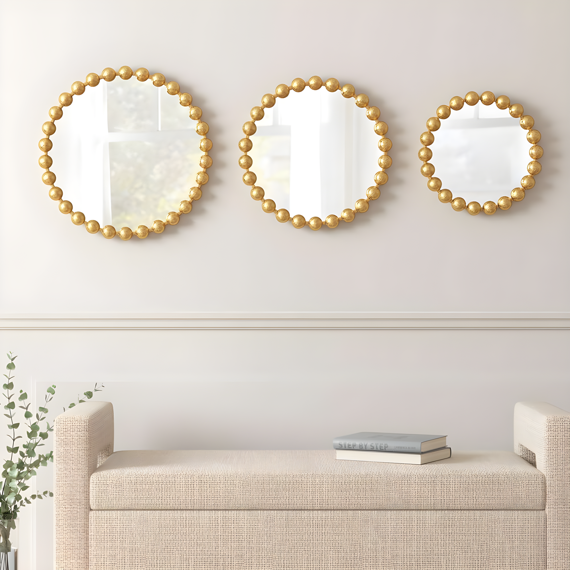 Marlowe 3-Piece Gold Beaded Round Wall Mirror Set