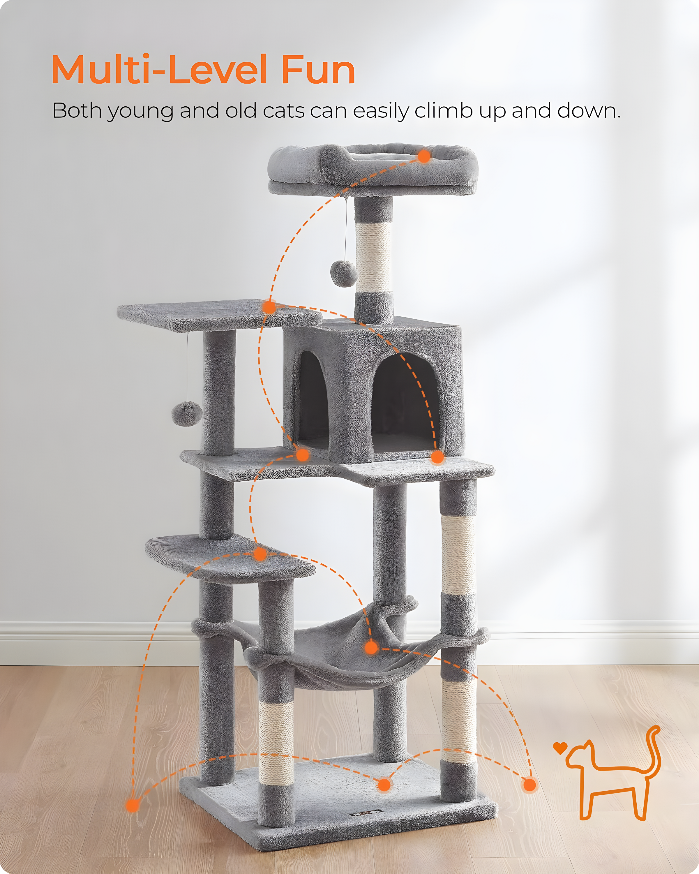 56.3'' Cat Tree Tower for Indoor Cats ,Multi-Level Cat Condo Cat Furniture with Scratching Posts, Perches, Hammock, Cave ,Light Gray