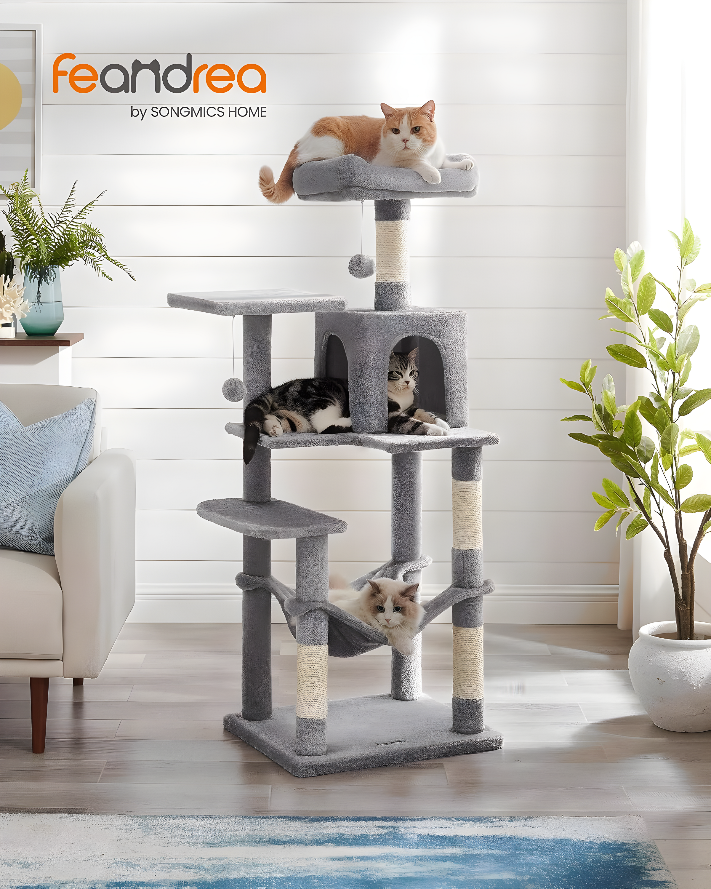 56.3'' Cat Tree Tower for Indoor Cats ,Multi-Level Cat Condo Cat Furniture with Scratching Posts, Perches, Hammock, Cave ,Light Gray