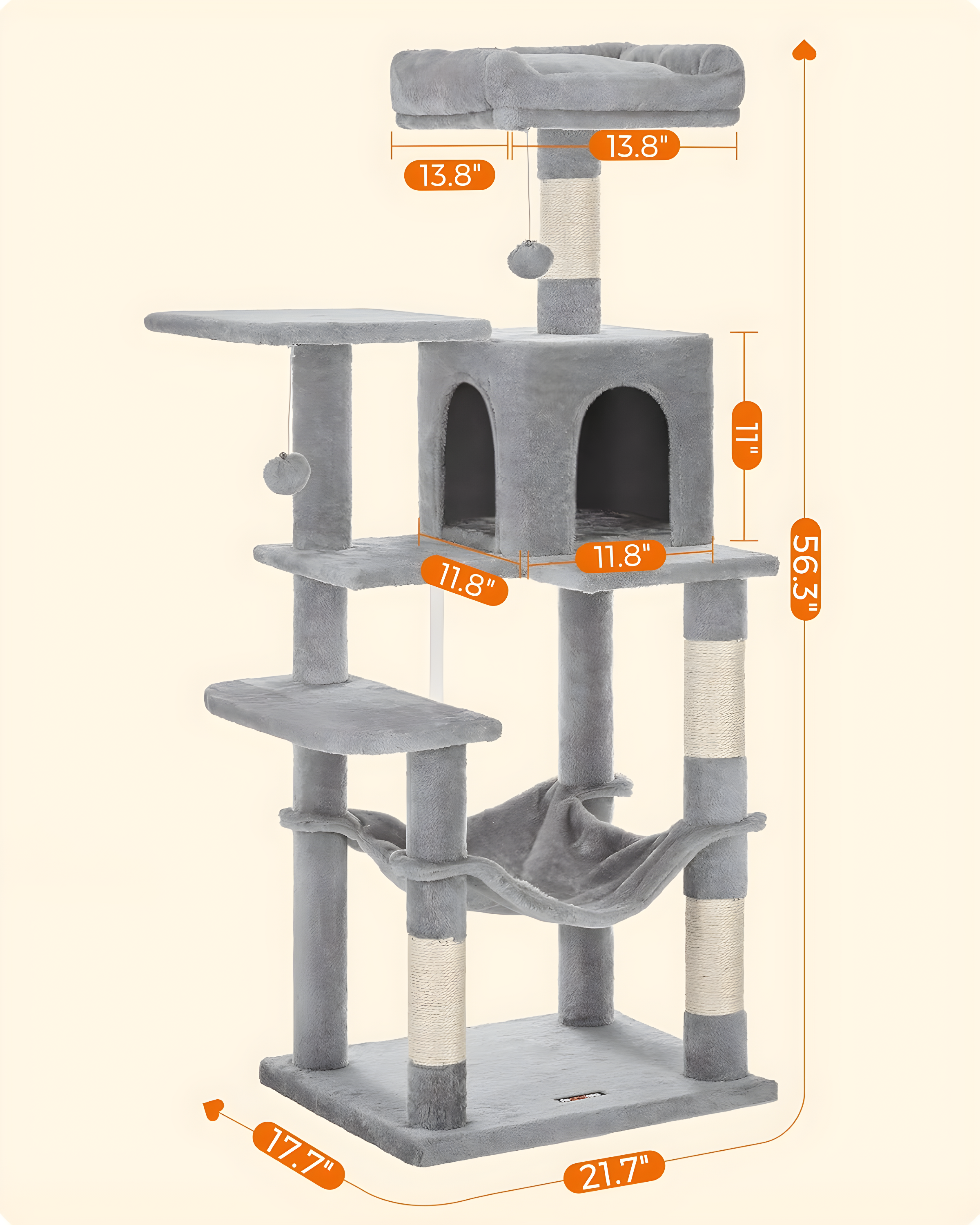 56.3'' Cat Tree Tower for Indoor Cats ,Multi-Level Cat Condo Cat Furniture with Scratching Posts, Perches, Hammock, Cave ,Light Gray