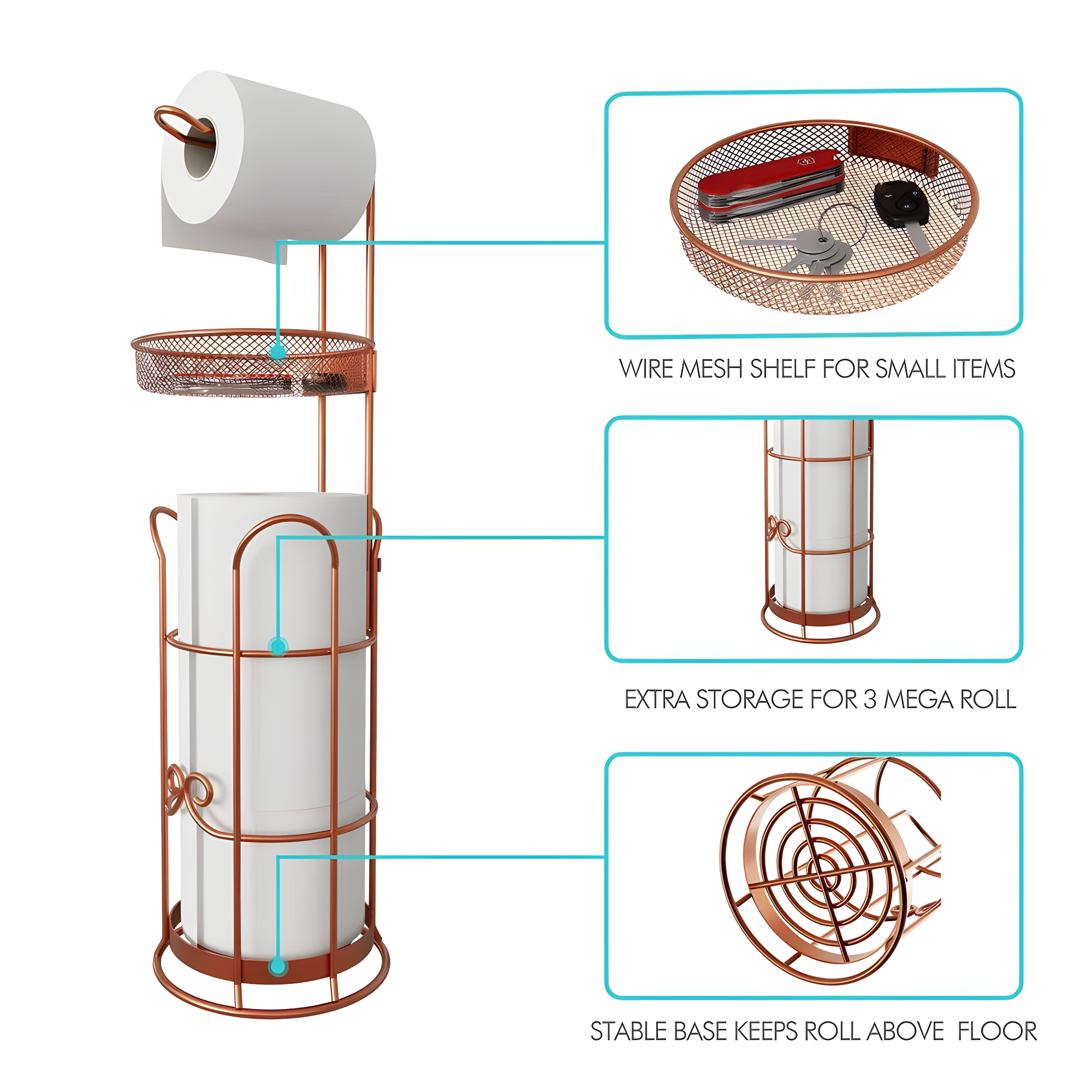 Copper Freestanding Toilet Paper Holder with Shelf and Dispenser