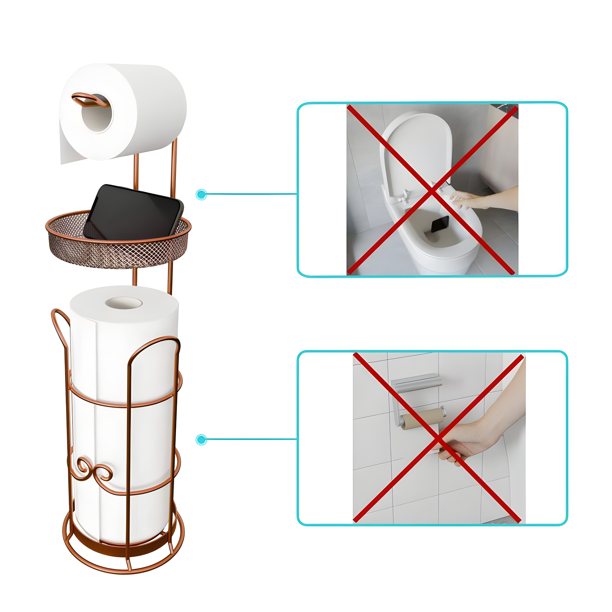 Copper Freestanding Toilet Paper Holder with Shelf and Dispenser