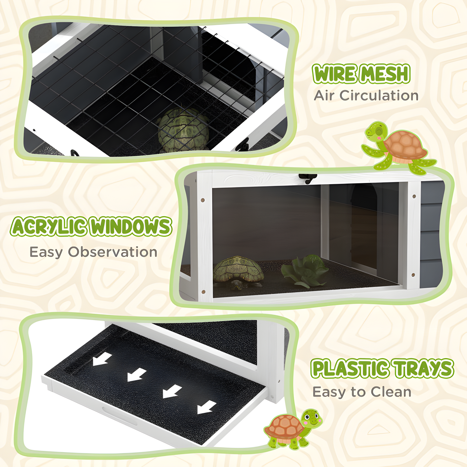 Tucker Murphy Pet™ Tortoise Habitat, Wooden Tortoise House, Indoor Outdoor Tortoise Enclosure With Lamp Holder, Pull-Out Waterproof Trays, Openable Lids, Gray