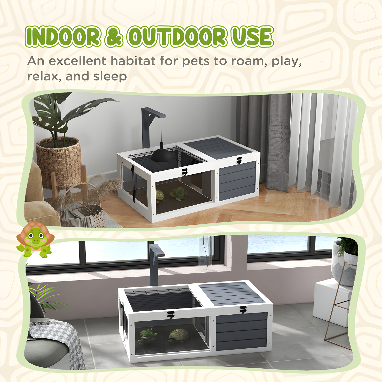 Tucker Murphy Pet™ Tortoise Habitat, Wooden Tortoise House, Indoor Outdoor Tortoise Enclosure With Lamp Holder, Pull-Out Waterproof Trays, Openable Lids, Gray