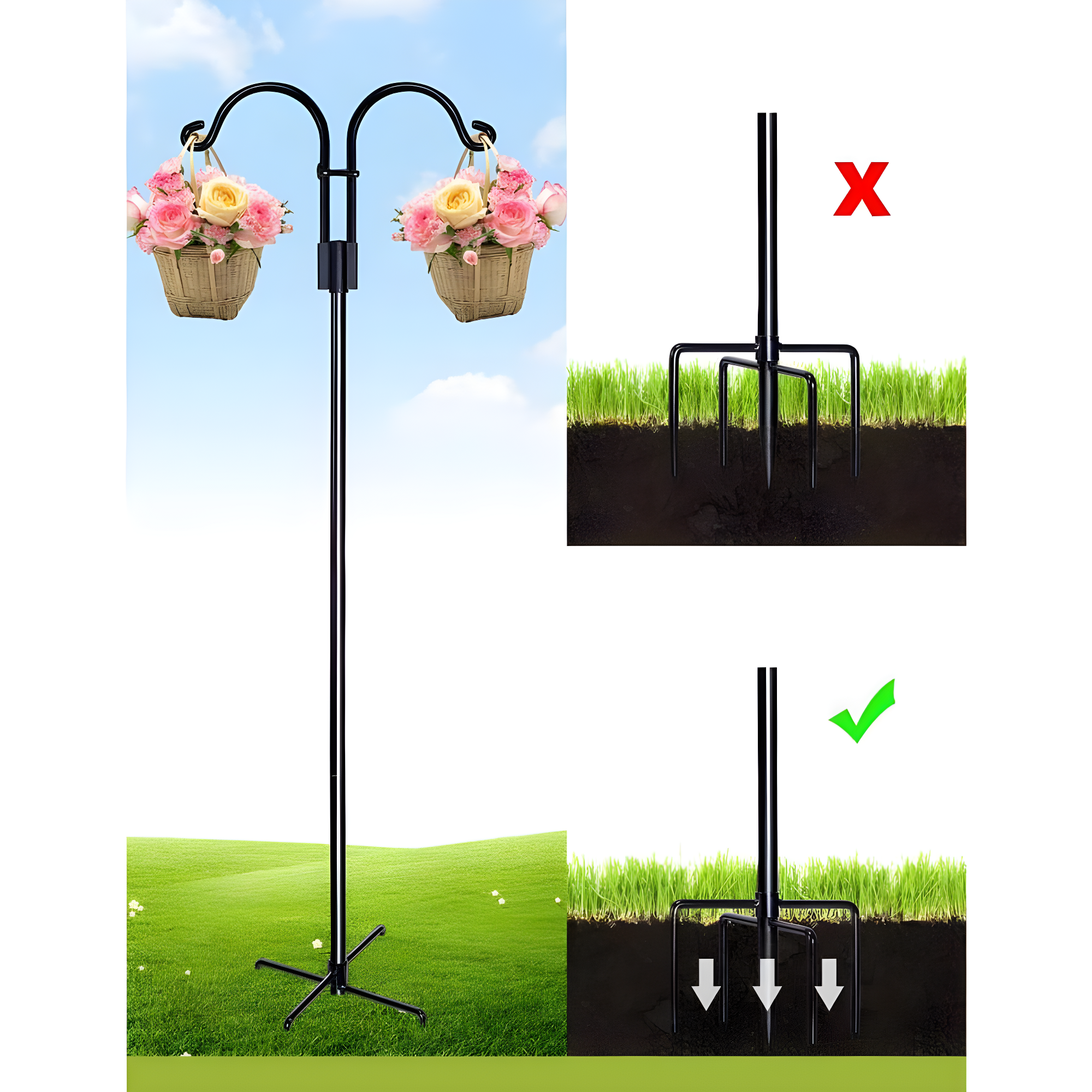 AOWOO Double Shepherds Hooks for Outdoor, 76 Inch Bird Feeder Pole with 5 Prongs Base, Adjustable Shepherd Hook 2-Pack Heavy Duty Two Sided Garden Pole for Hanging Bird Feeders, Plant Baskets, Black