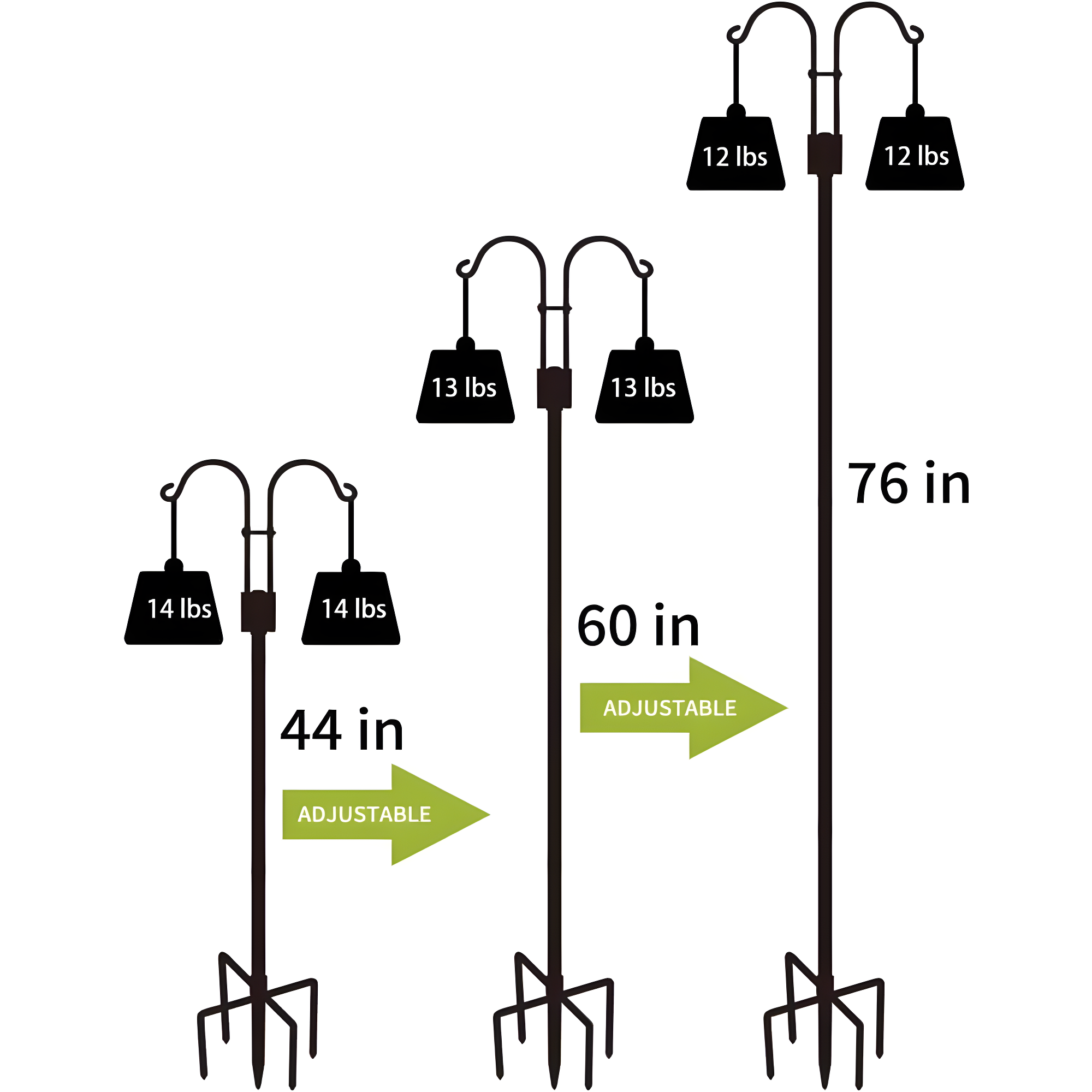 AOWOO Double Shepherds Hooks for Outdoor, 76 Inch Bird Feeder Pole with 5 Prongs Base, Adjustable Shepherd Hook 2-Pack Heavy Duty Two Sided Garden Pole for Hanging Bird Feeders, Plant Baskets, Black