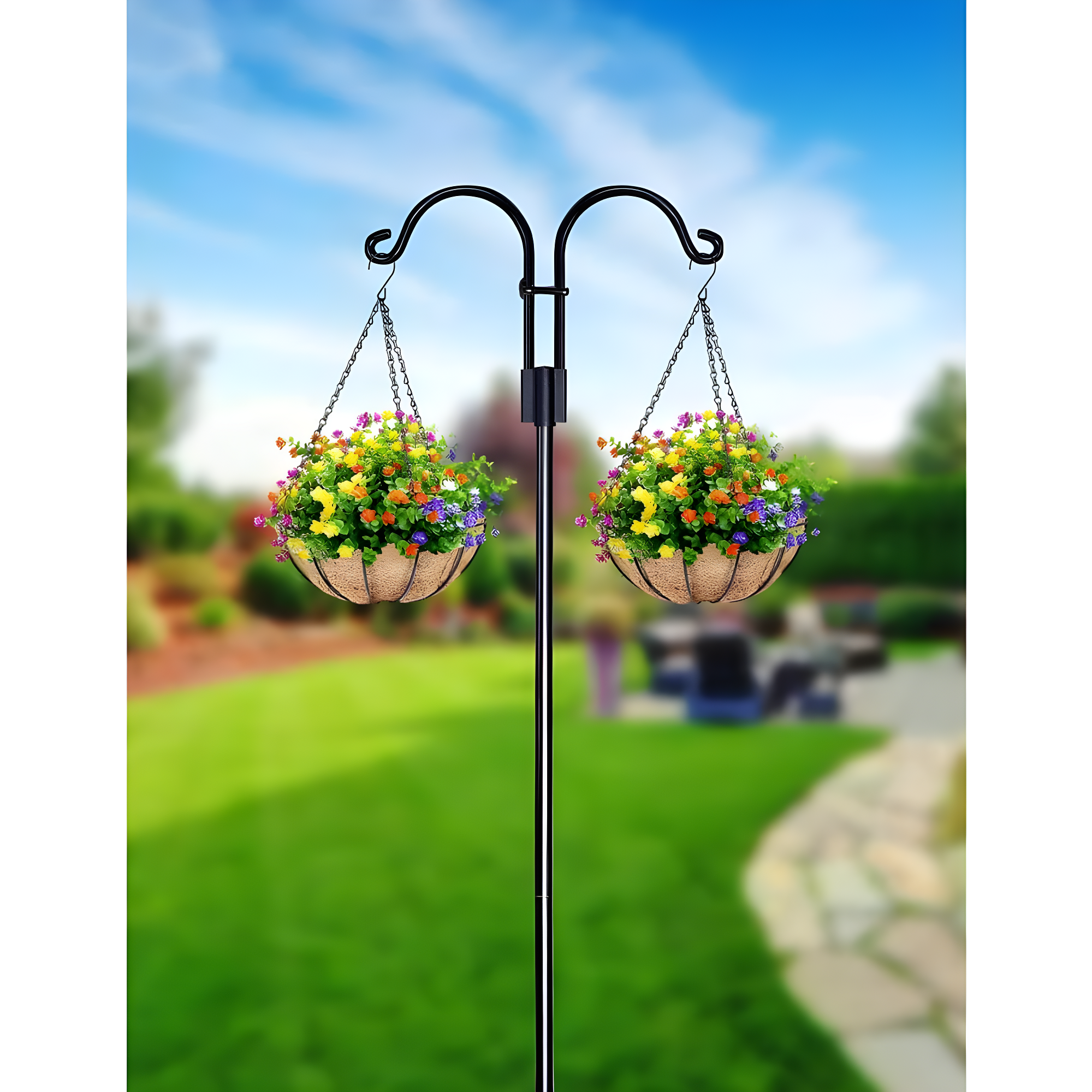 AOWOO Double Shepherds Hooks for Outdoor, 76 Inch Bird Feeder Pole with 5 Prongs Base, Adjustable Shepherd Hook 2-Pack Heavy Duty Two Sided Garden Pole for Hanging Bird Feeders, Plant Baskets, Black