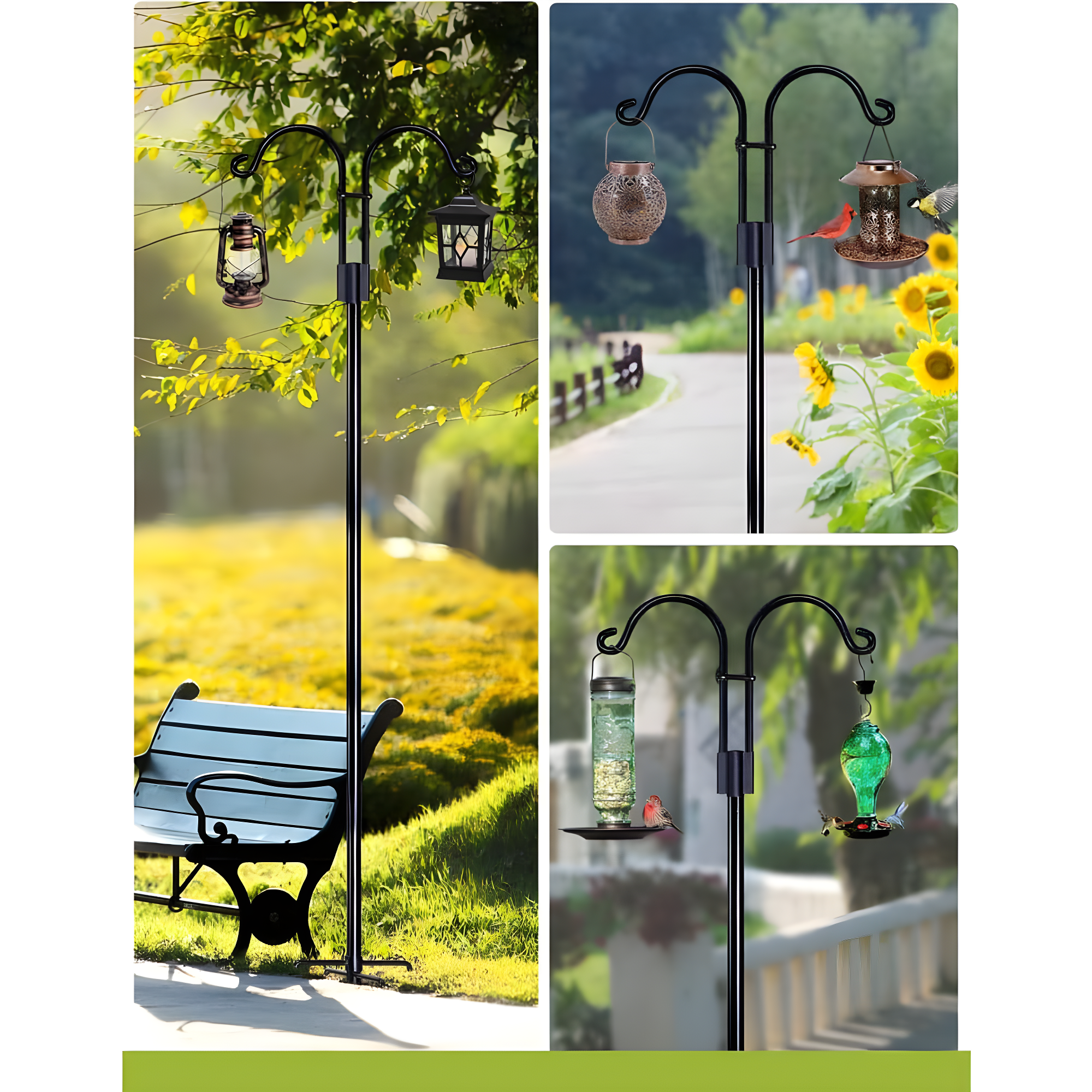 AOWOO Double Shepherds Hooks for Outdoor, 76 Inch Bird Feeder Pole with 5 Prongs Base, Adjustable Shepherd Hook 2-Pack Heavy Duty Two Sided Garden Pole for Hanging Bird Feeders, Plant Baskets, Black