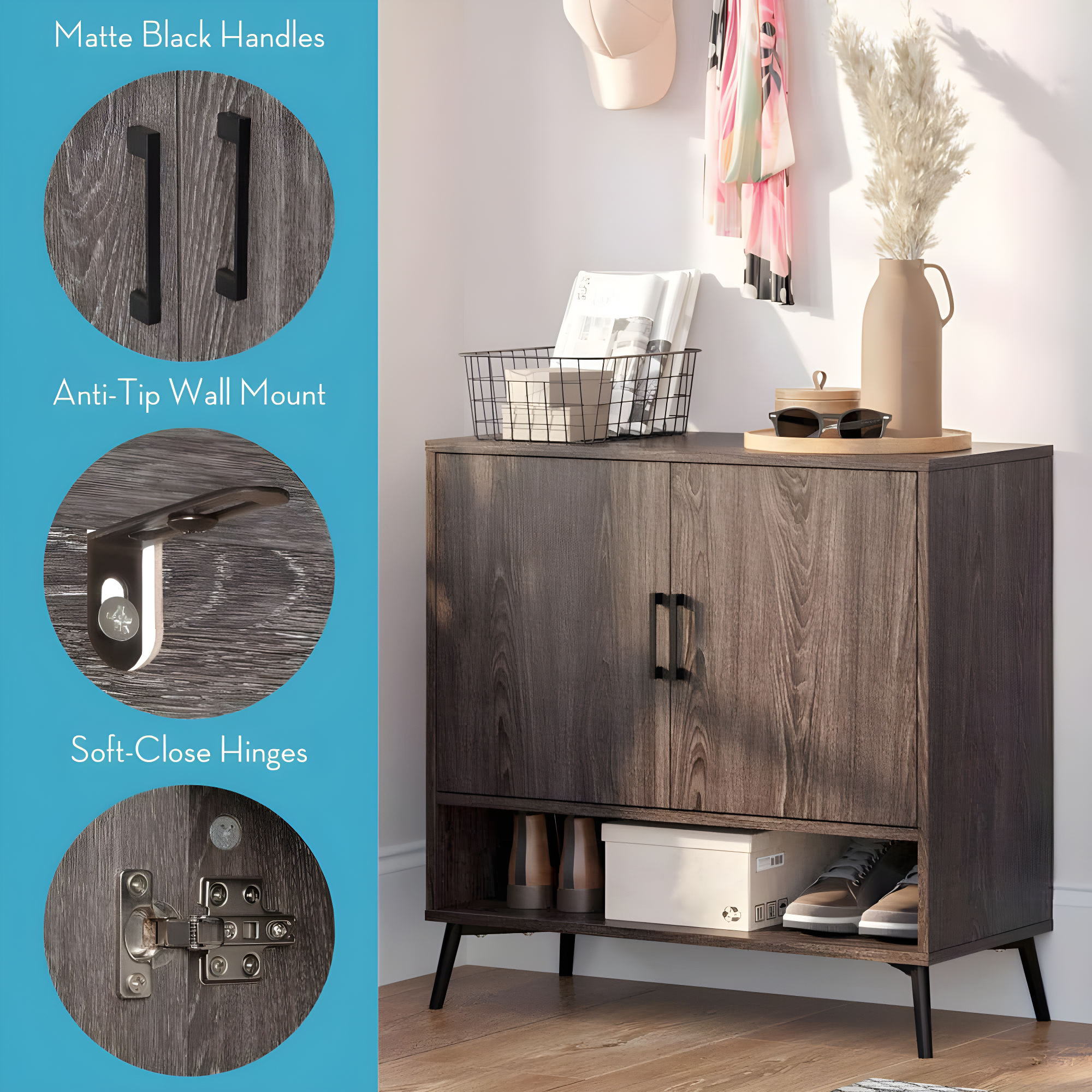 RiverRidge Woodbury Shoe Cabinet Organizer 12 Pair Shoe Rack Entryway Storage Cabinet with Open & Adjustable Interior Shelves Weathered Woodgrain