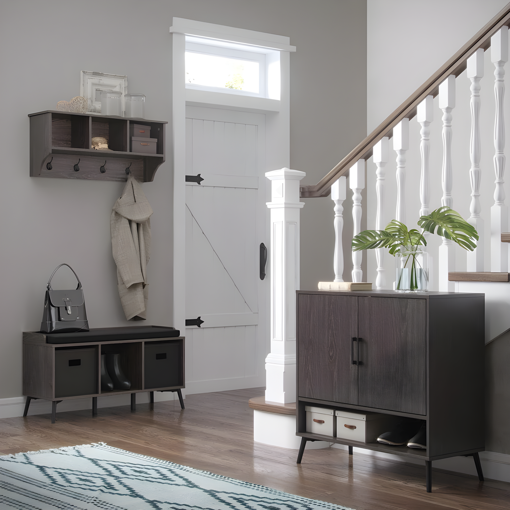 RiverRidge Woodbury Shoe Cabinet Organizer 12 Pair Shoe Rack Entryway Storage Cabinet with Open & Adjustable Interior Shelves Weathered Woodgrain