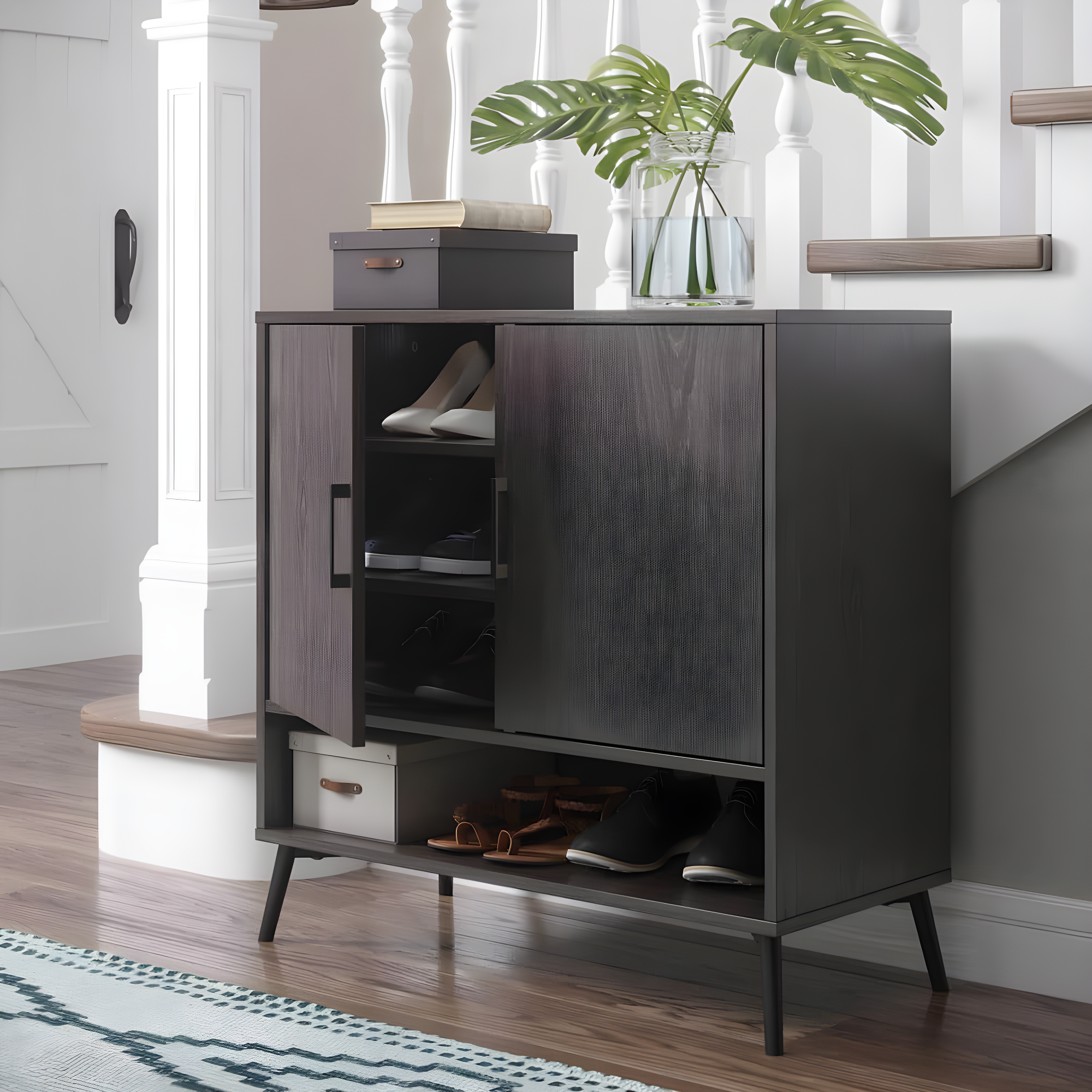 RiverRidge Woodbury Shoe Cabinet Organizer 12 Pair Shoe Rack Entryway Storage Cabinet with Open & Adjustable Interior Shelves Weathered Woodgrain