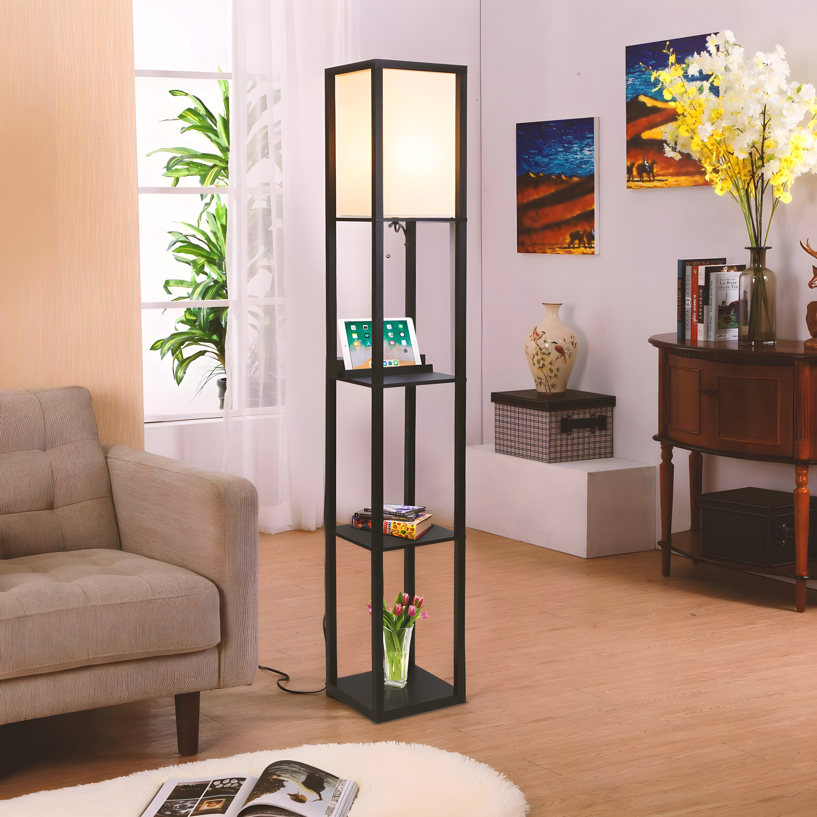 Brightech Maxwell 63 in. USB and Wireless Charging LED Floor Lamp with White Fabric Square Shade
