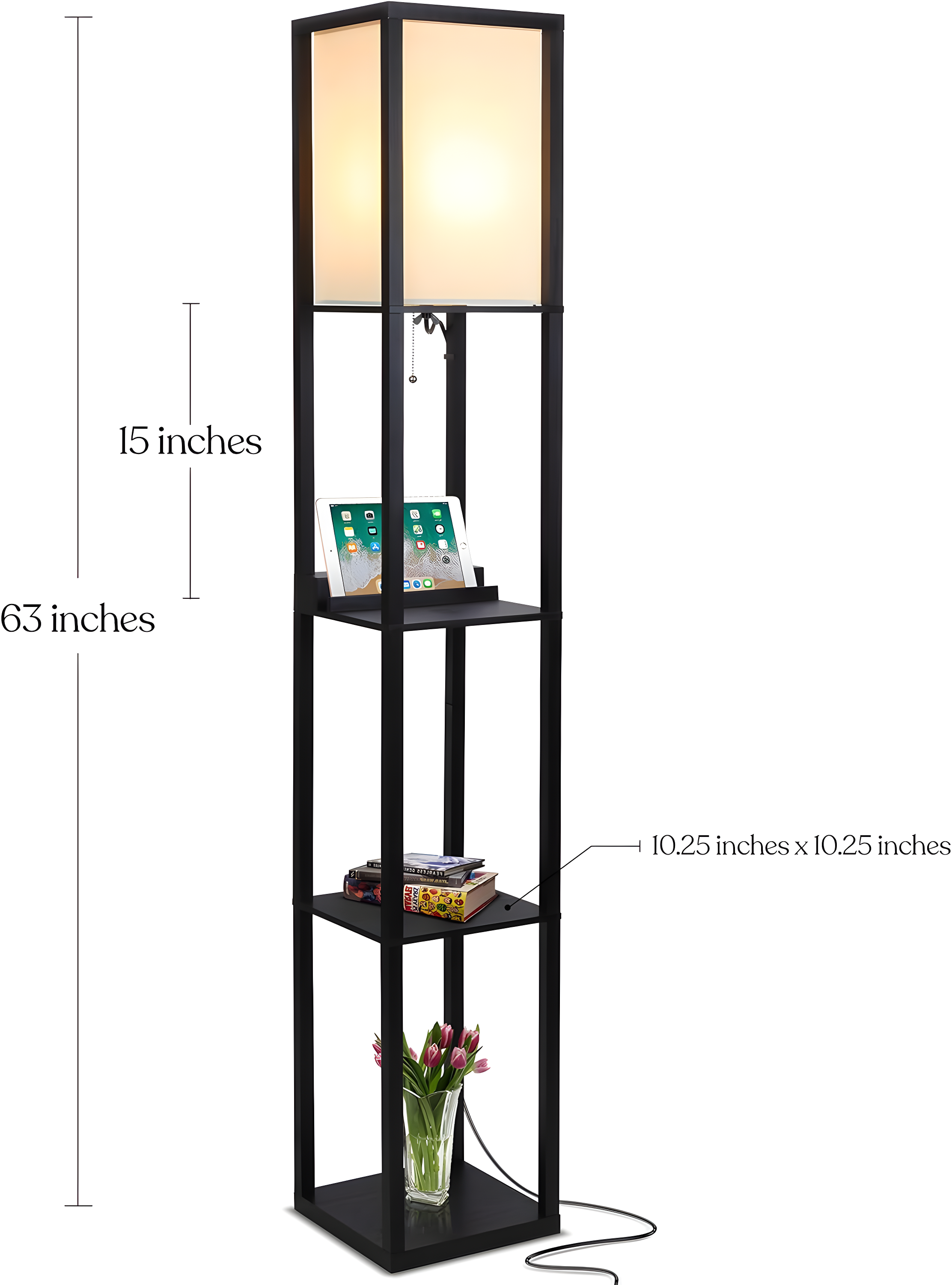 Brightech Maxwell 63 in. USB and Wireless Charging LED Floor Lamp with White Fabric Square Shade